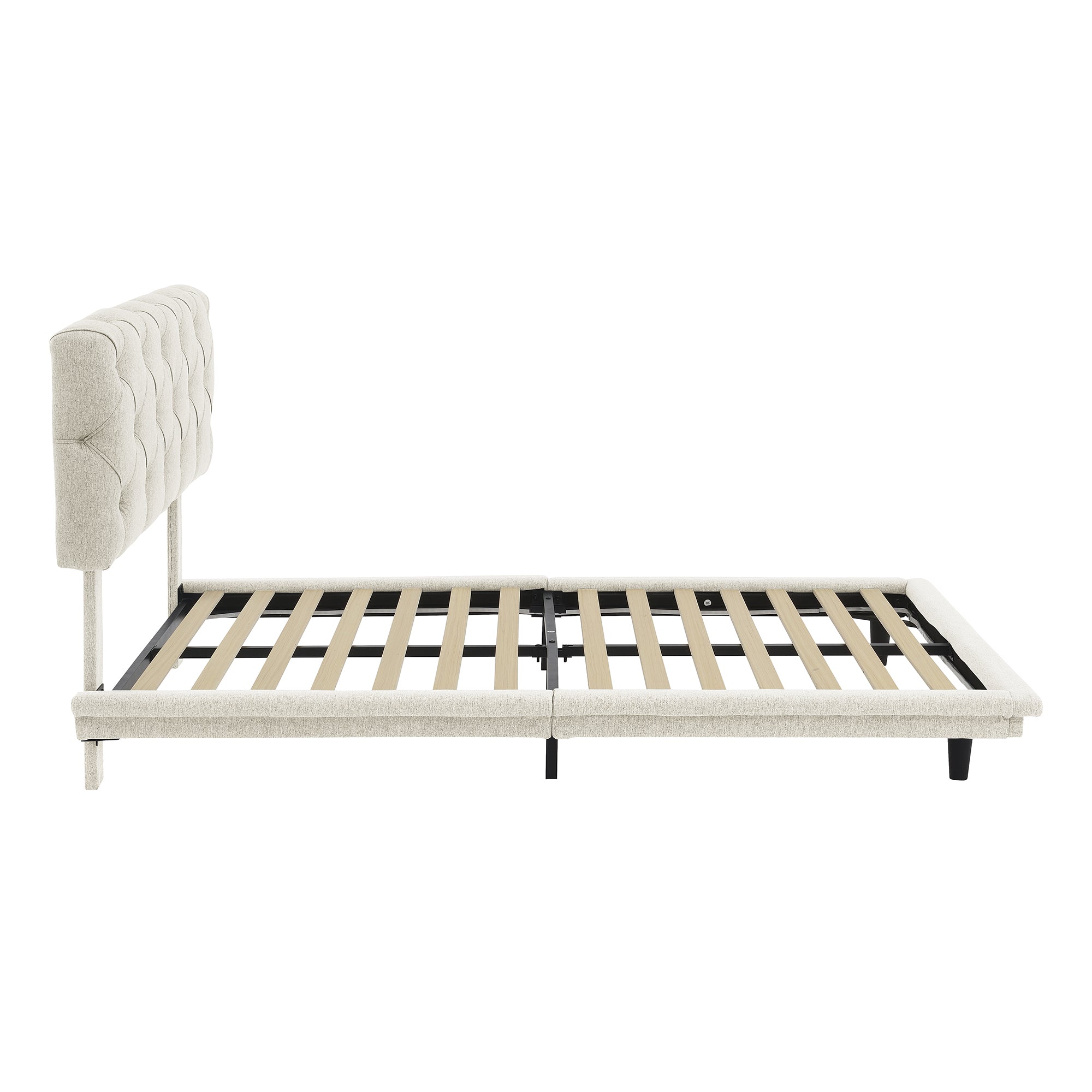 Full Size Upholstered Bed with Light Stripe, Floating Platform Bed, Linen Fabric,Beige - Atlantic Fine Furniture Melbourne FL