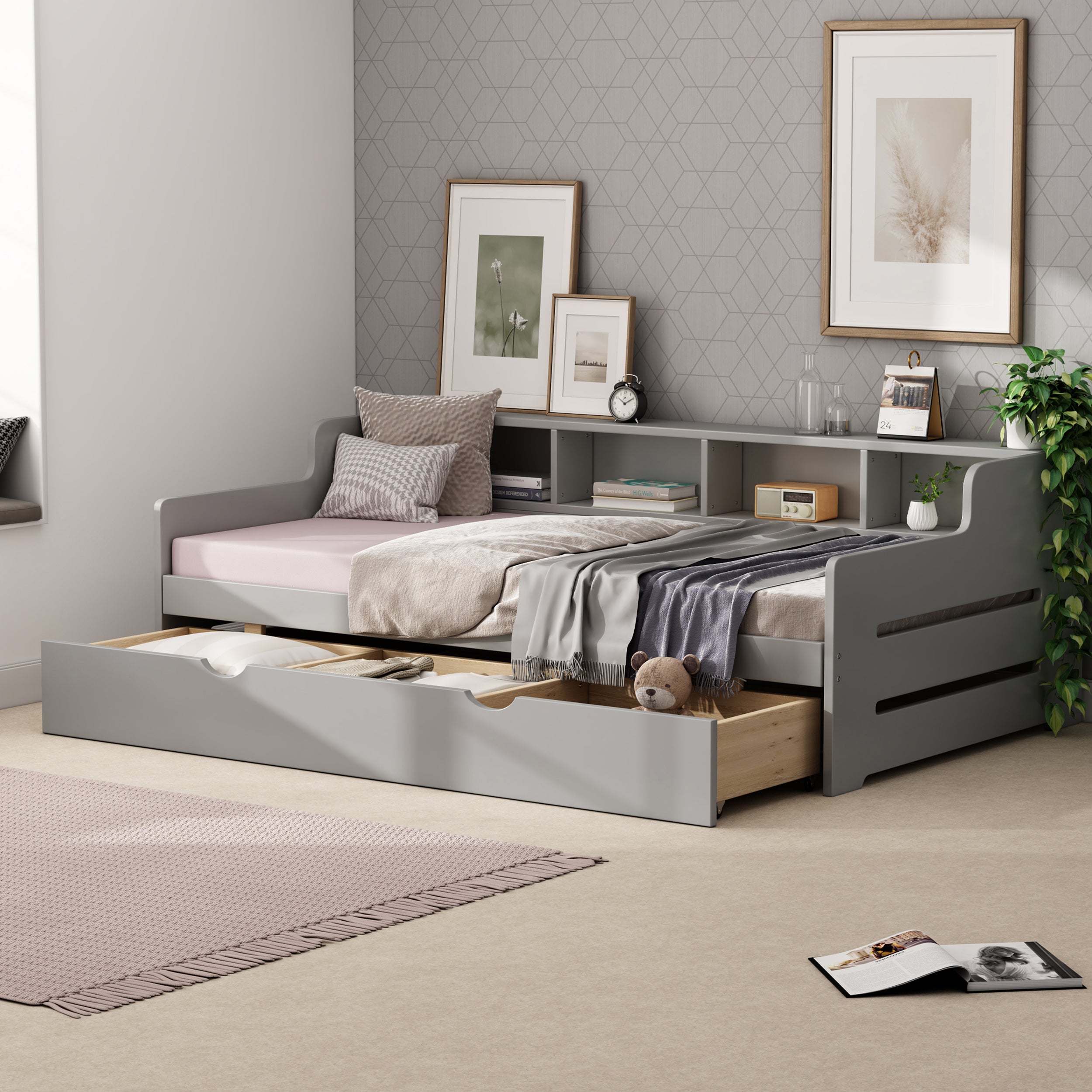 Twin Size Wooden Day Bed with 3 Trawers for Guest Room, Small Bedroom, Study Room, Gray - Atlantic Fine Furniture Melbourne FL