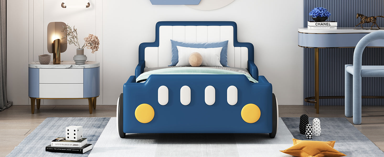 Twin Size Race Car-Shaped Platform Bed with Wheels,Blue - Atlantic Fine Furniture Melbourne FL