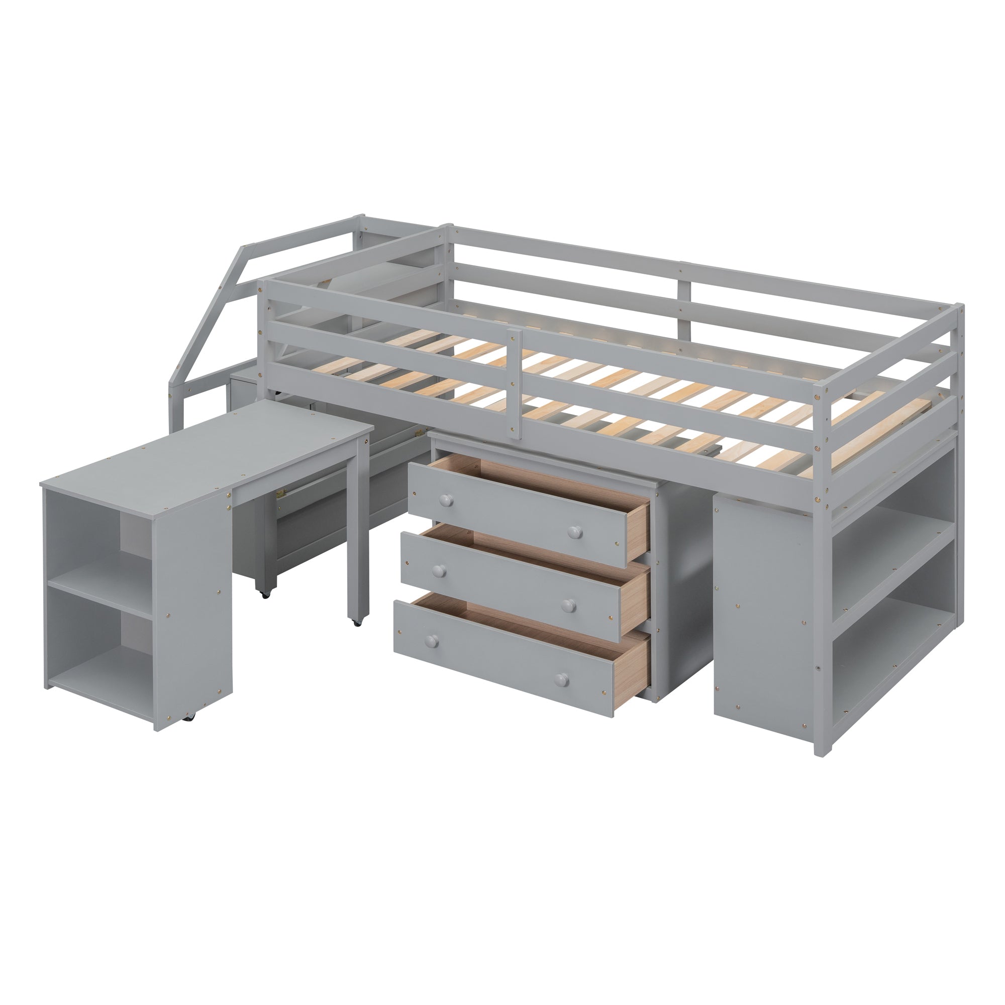 Twin Size Loft Bed with Retractable Writing Desk and 3 Drawers, Wooden Loft Bed with Storage Stairs and Shelves, Gray - Atlantic Fine Furniture Melbourne FL