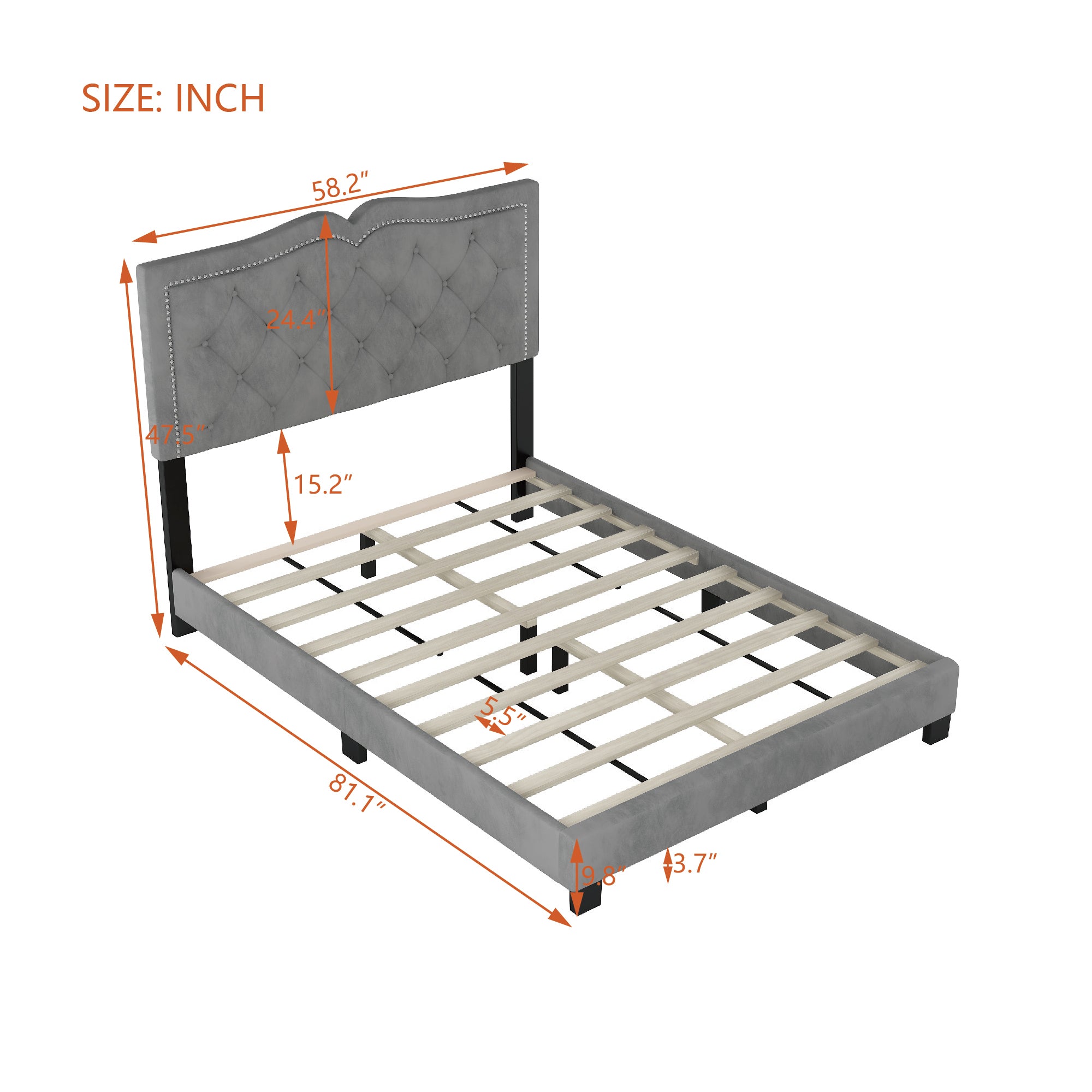 Full Size Upholstered Bed Frame with Rivet Design, Modern Velvet Platform Bed with Tufted Headboard,Gray - Atlantic Fine Furniture Melbourne FL