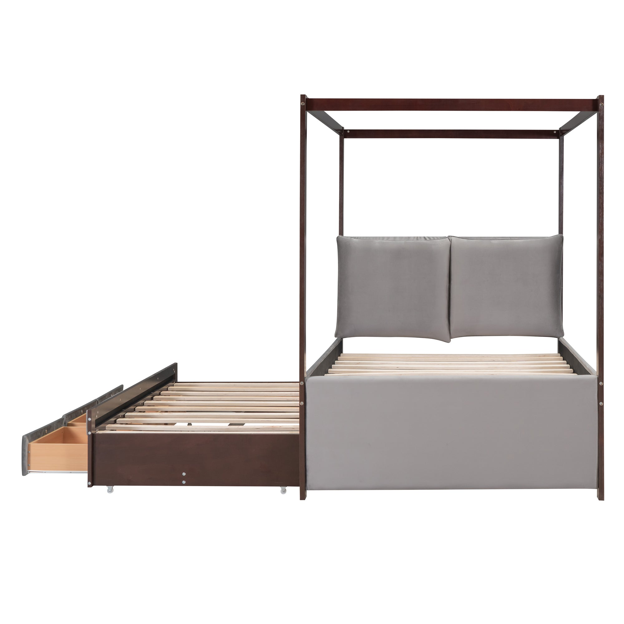 Full Size Upholstered Canopy Bed with Trundle and 3 Drawers, Gray - Atlantic Fine Furniture Melbourne FL