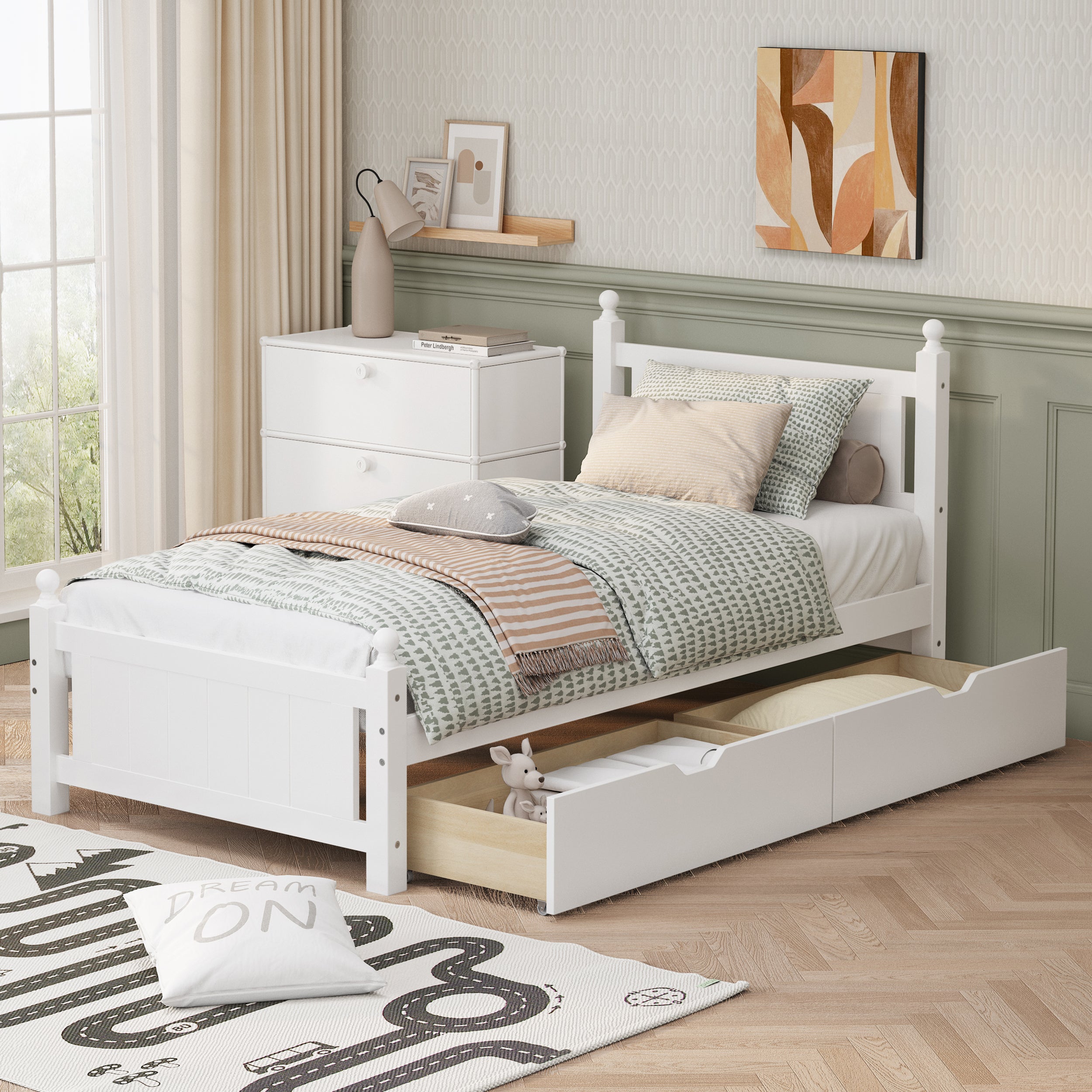 Twin Size Solid Wood Platform Bed Frame with 2 drawers for Limited Space Kids, Teens, Adults, No Need Box Spring, White - Atlantic Fine Furniture Melbourne FL