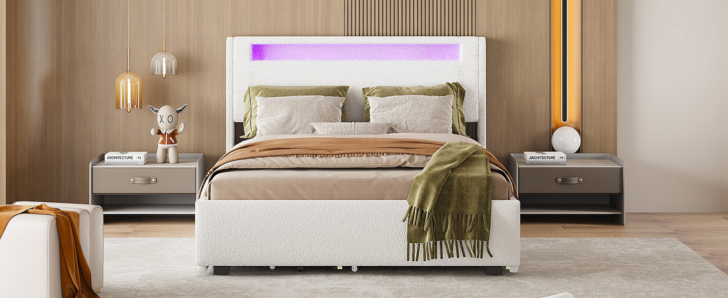 Full Size Upholstered Platform Bed with LED Frame, with Twin Size Trundle and 2 drawers, Teddy Fleece, White - Atlantic Fine Furniture Melbourne FL