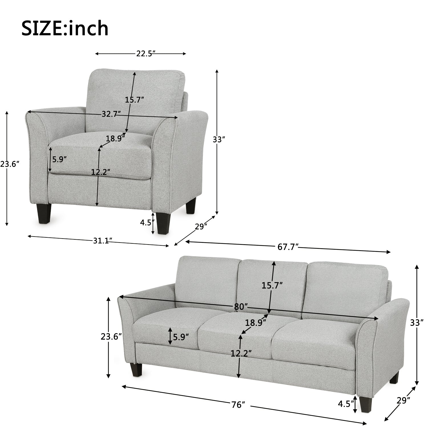 Living Room Furniture chair and 3-seat Sofa (Light Gray) - Atlantic Fine Furniture Melbourne FL