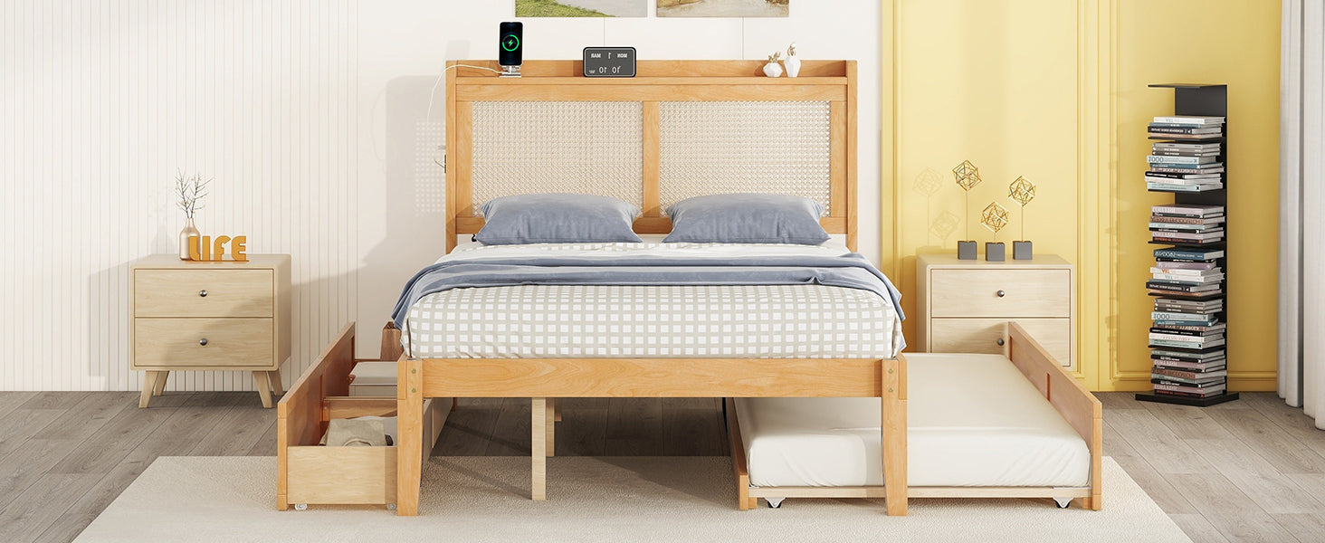 Full Size Elegant Bed Frame with Rattan Headboard and Sockets ,Walnut - Atlantic Fine Furniture Melbourne FL