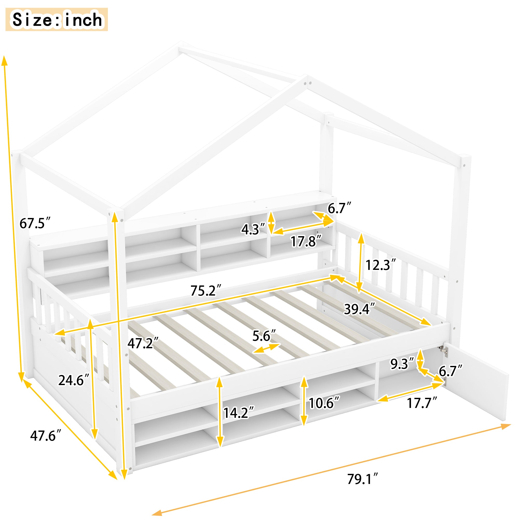 Twin Size Wooden House Bed with Shelves and a Mini-cabinet, White - Atlantic Fine Furniture Melbourne FL
