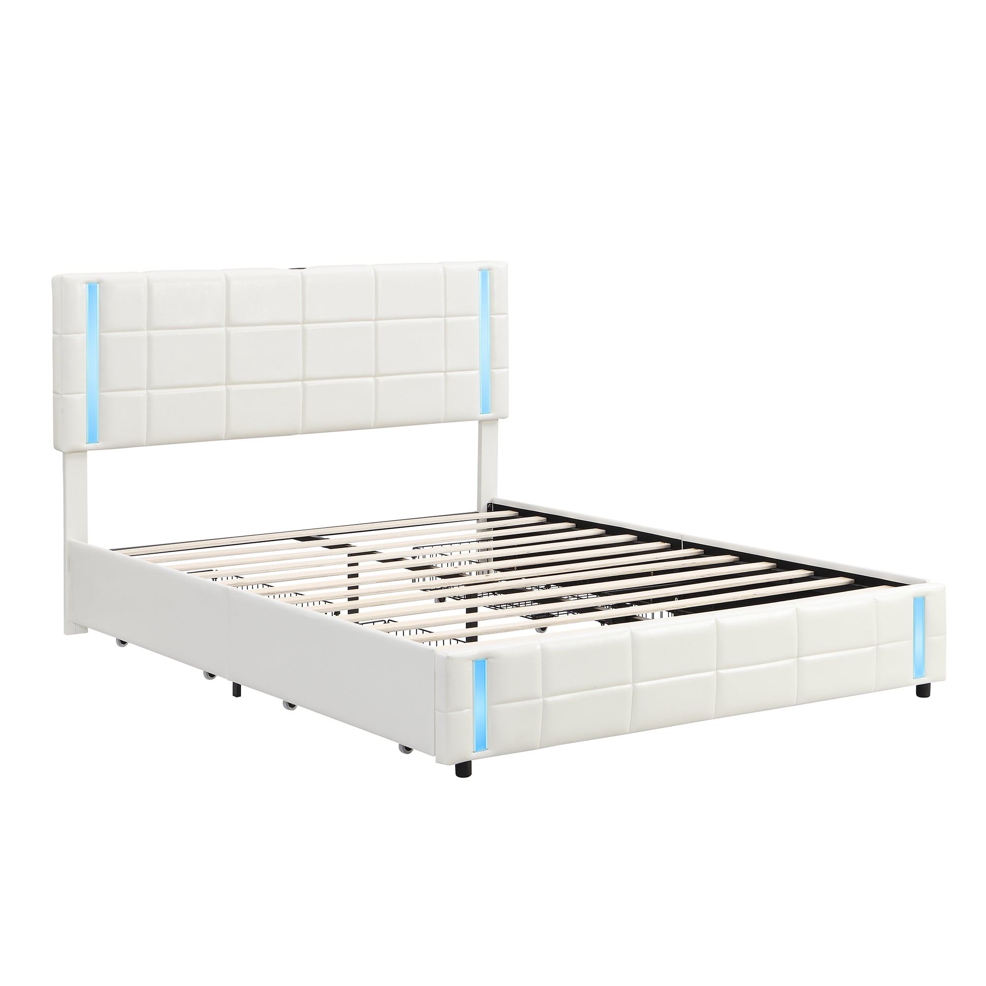 Queen Size Upholstered Platform Bed with LED Lights and USB Charging, Storage Bed with 4 Drawers, White - Atlantic Fine Furniture Melbourne FL