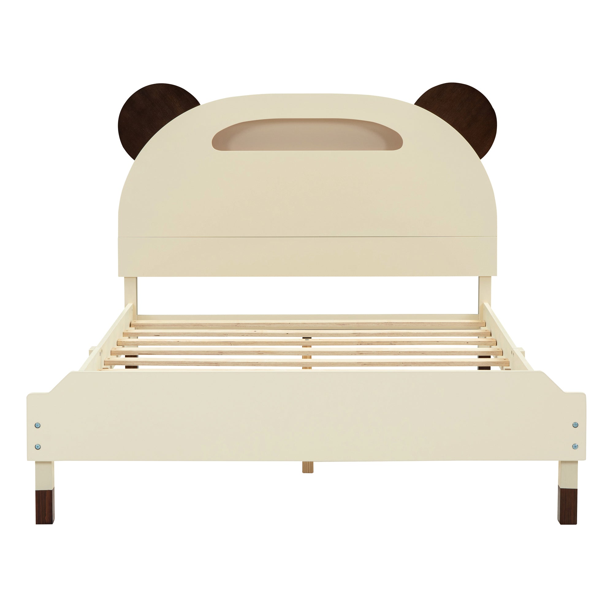 Full Size Wood Platform Bed with Bear-shaped Headboard,Bed with Motion Activated Night Lights,Cream+Walnut - Atlantic Fine Furniture Melbourne FL