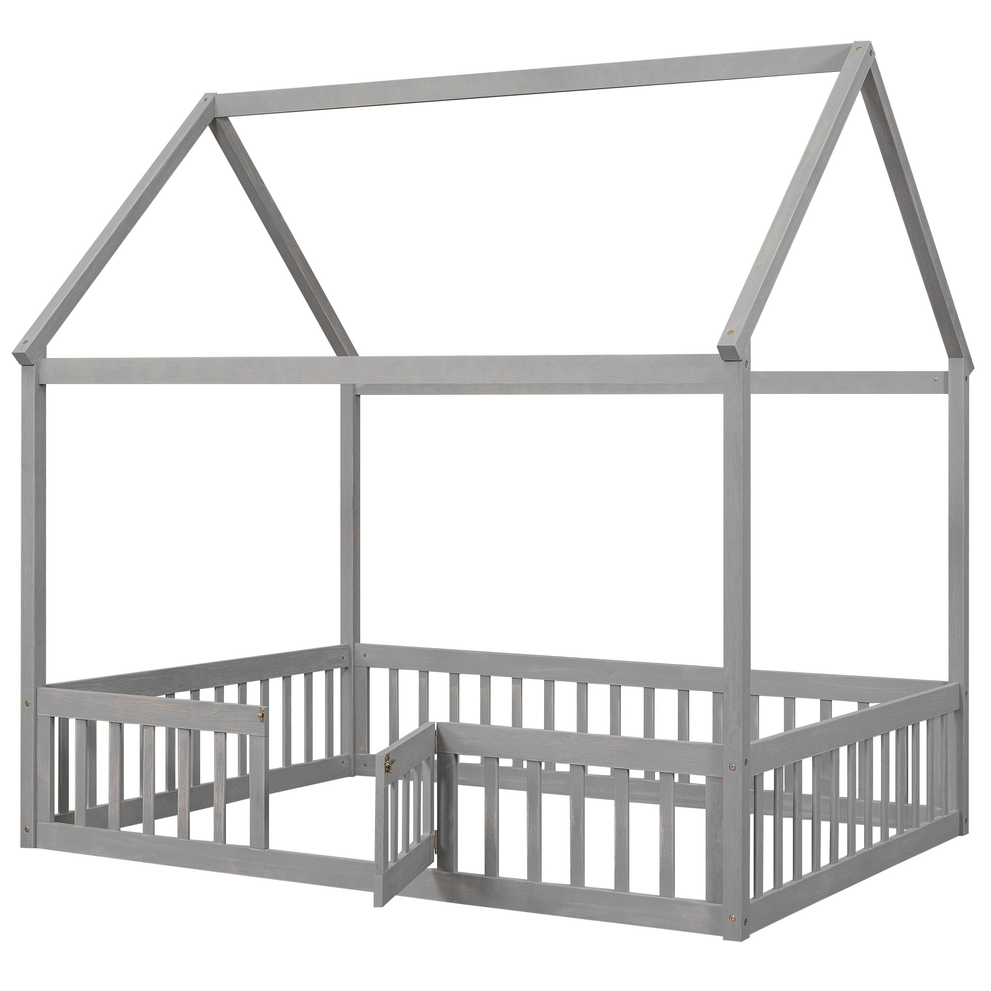 Full Size Wood House Bed with Fence and Door, Gray Wash - Atlantic Fine Furniture Melbourne FL