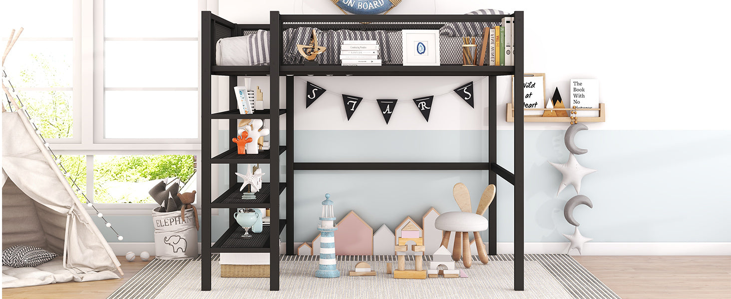Full Size Metal Loft Bed with 4-Tier Shelves and Storage, Black - Atlantic Fine Furniture Melbourne FL