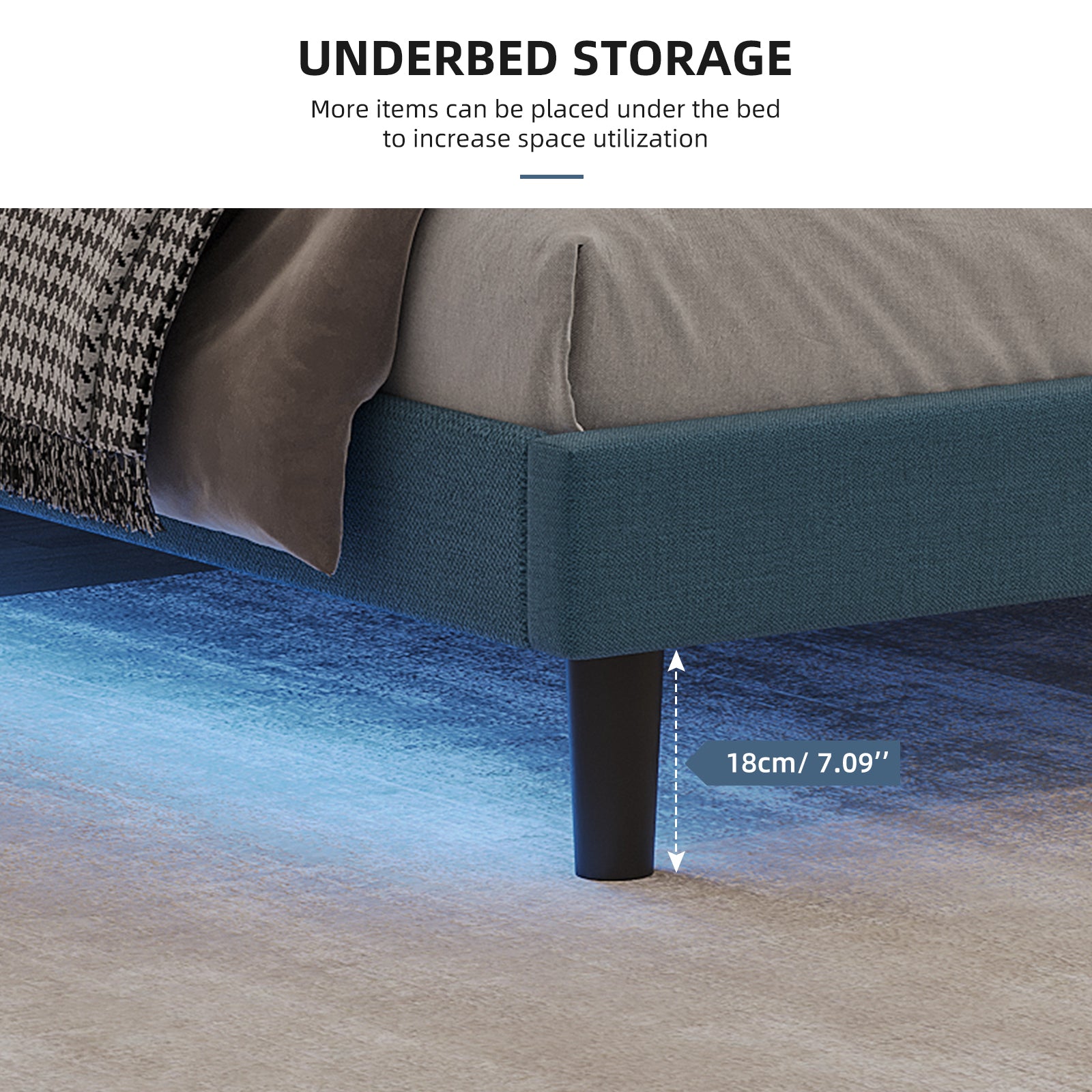 Queen Size Upholstered Platform Bed Linen Bed Frame with Lights Square Stitched Adjustable Headboard Strong Bed Slats System No Box Spring Needed Blue - Atlantic Fine Furniture Melbourne FL