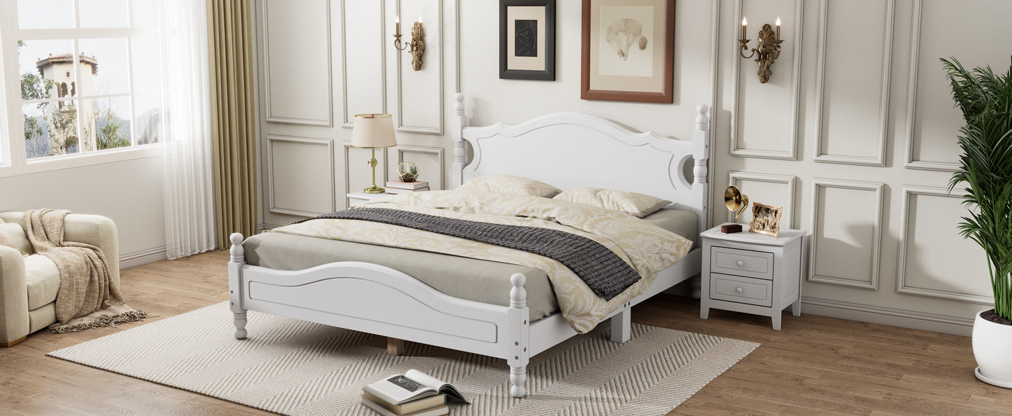 Queen Size Wood Platform Bed Frame,Retro Style Platform Bed with Wooden Slat Support,White - Atlantic Fine Furniture Melbourne FL