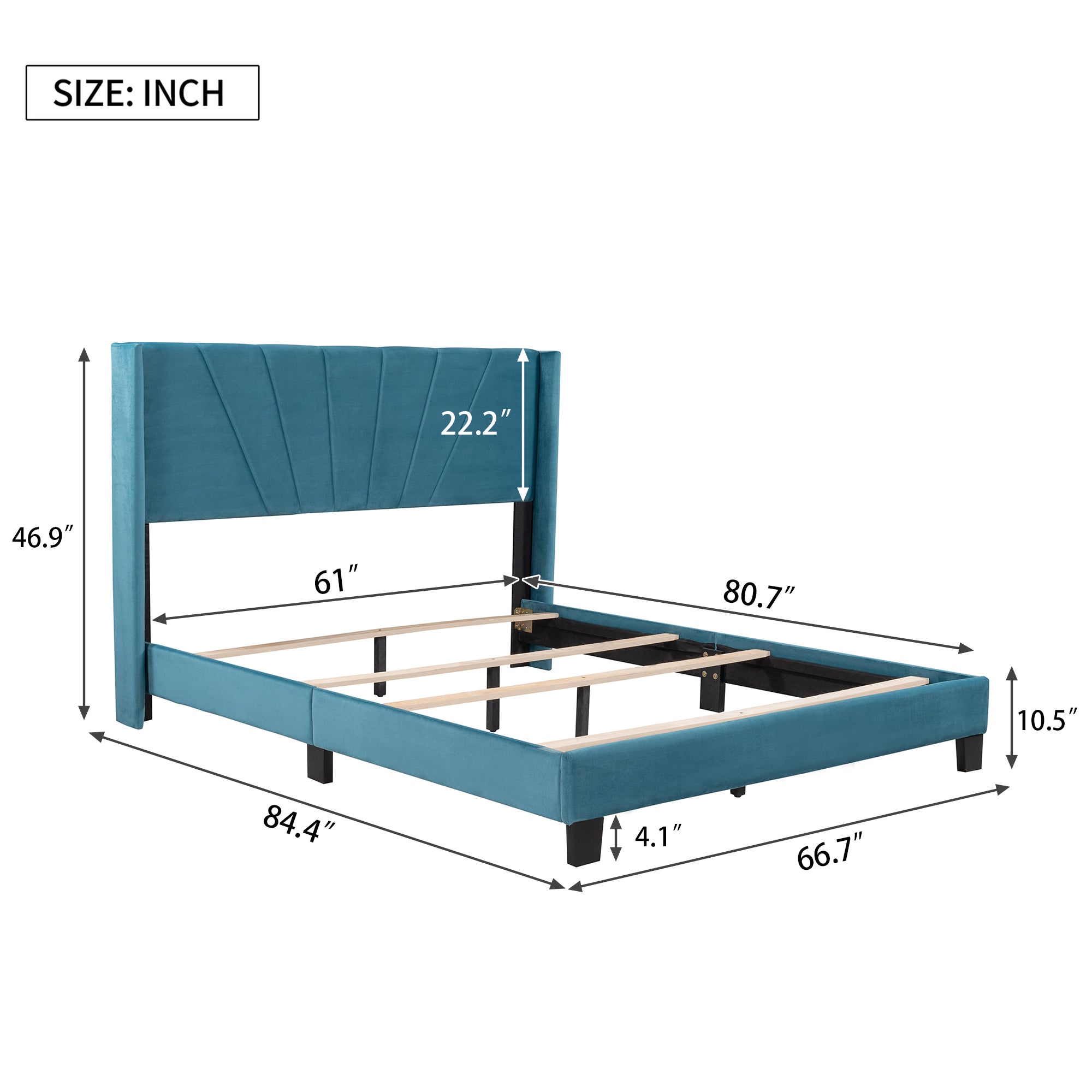 Queen Size Velvet Upholstered Platform Bed, Box Spring Needed - Blue - Atlantic Fine Furniture Melbourne FL
