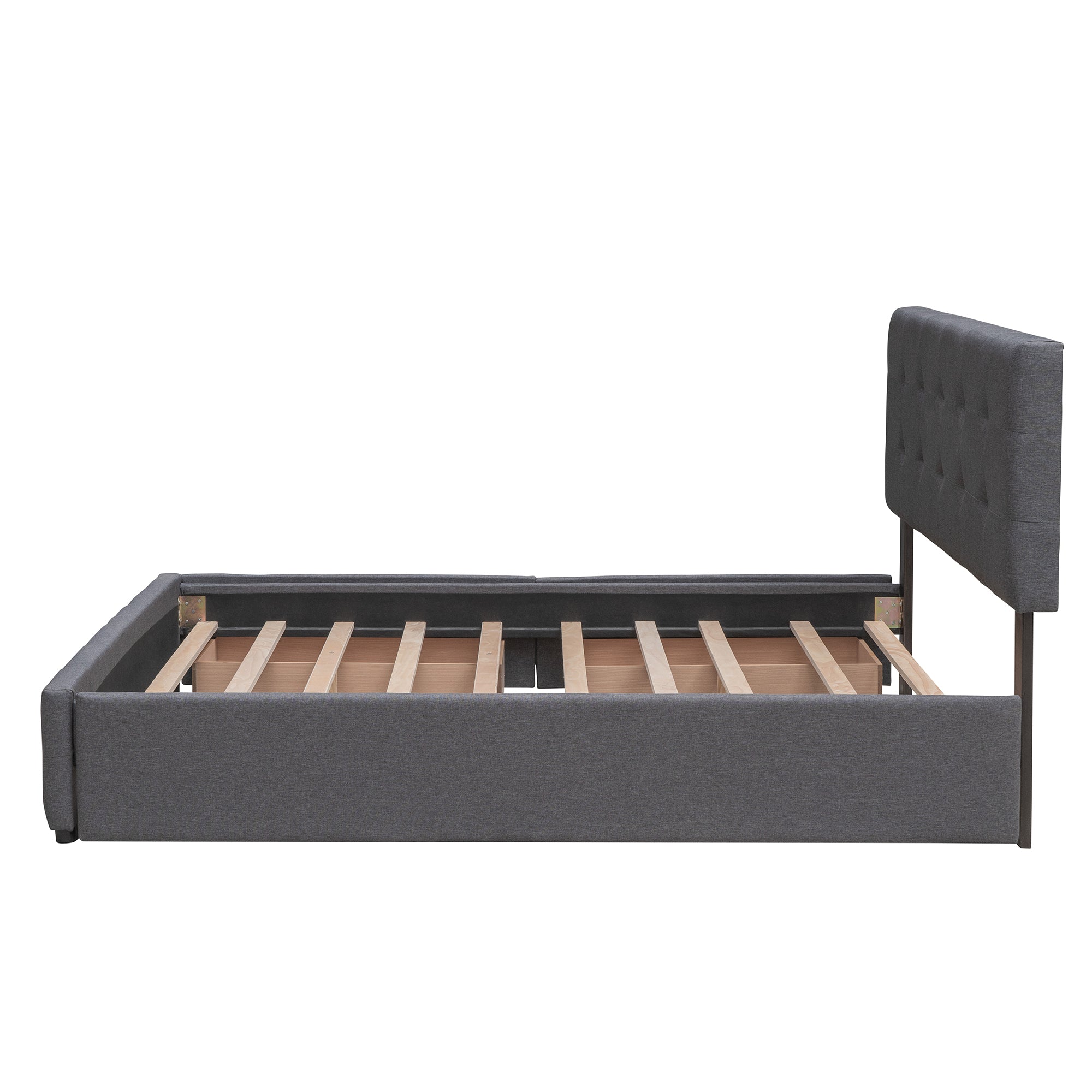 Upholstered Platform Bed with 2 Drawers and 1 Twin XL Trundle, Linen Fabric, Queen Size - Dark Gray(OLD SKU :LP000314AAE)