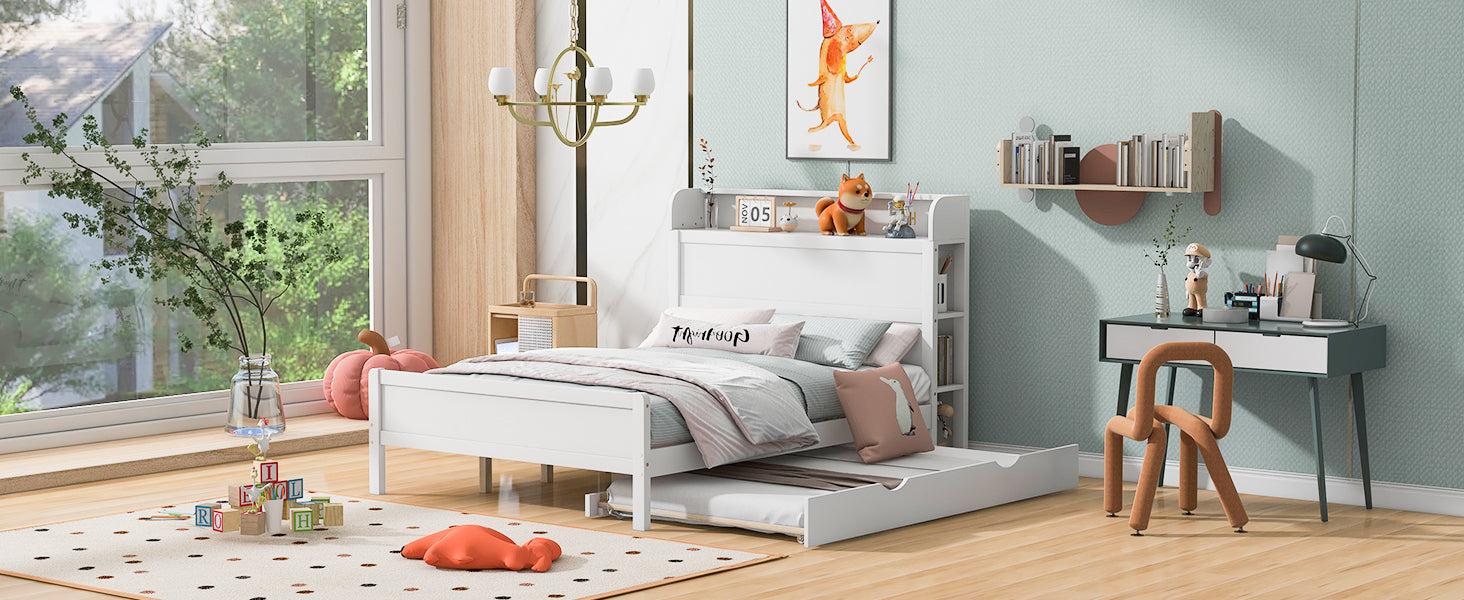 Full Size Platform Bed with Storage Headboard and Twin Size Trundle, White - Atlantic Fine Furniture Melbourne FL