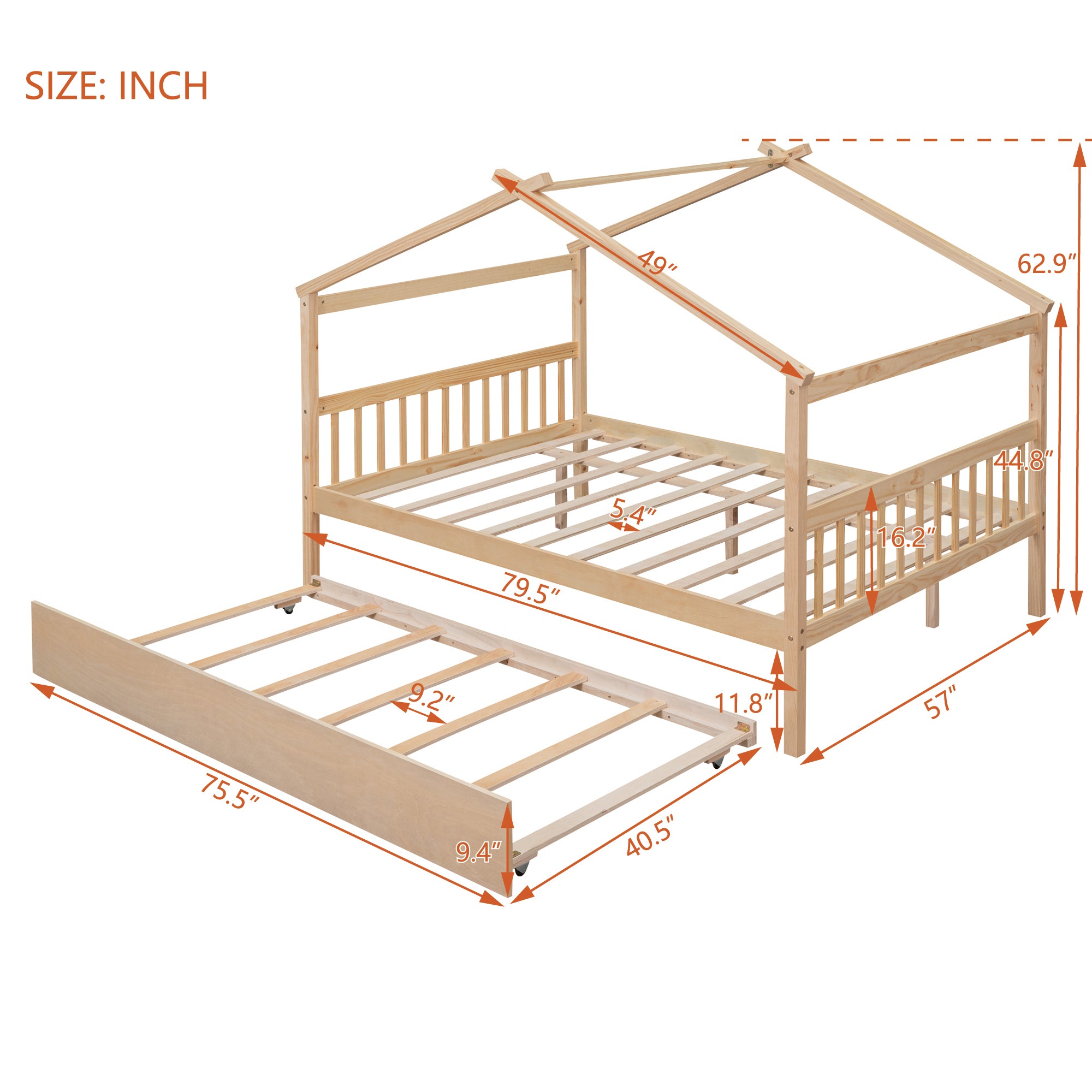 Full Size Wooden House Bed with Twin Size Trundle, Natural - Atlantic Fine Furniture Melbourne FL