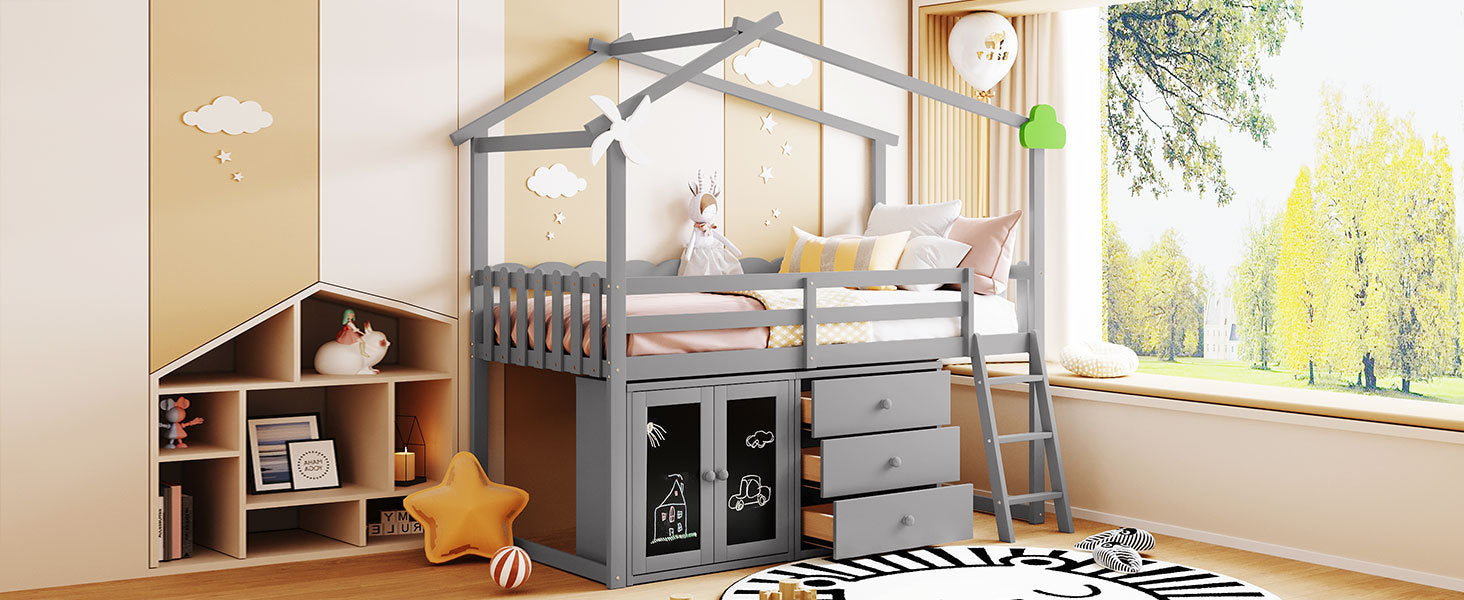 Twin Size House Bed With Cabinet and Drawers, Gray - Atlantic Fine Furniture Melbourne FL