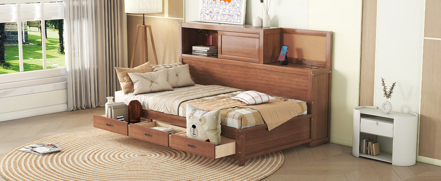 Twin Size Wooden Daybed with 3 Storage Drawers, Upper Soft Board, shelf, and a set of Sockets and USB Ports, Brown - Atlantic Fine Furniture Melbourne FL
