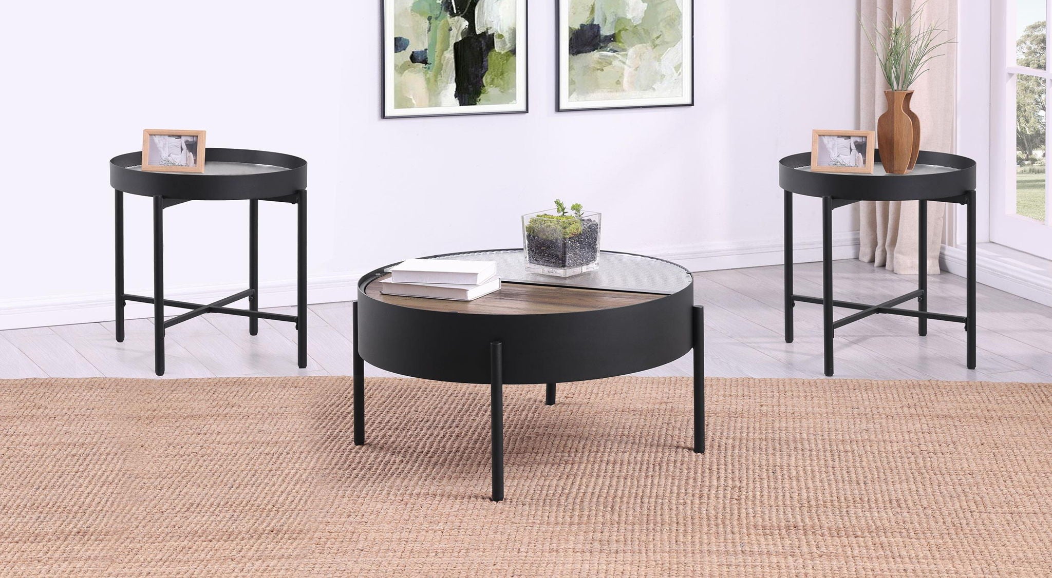 Ozella 3-piece Round Coffee and End Table Set Sandy Black