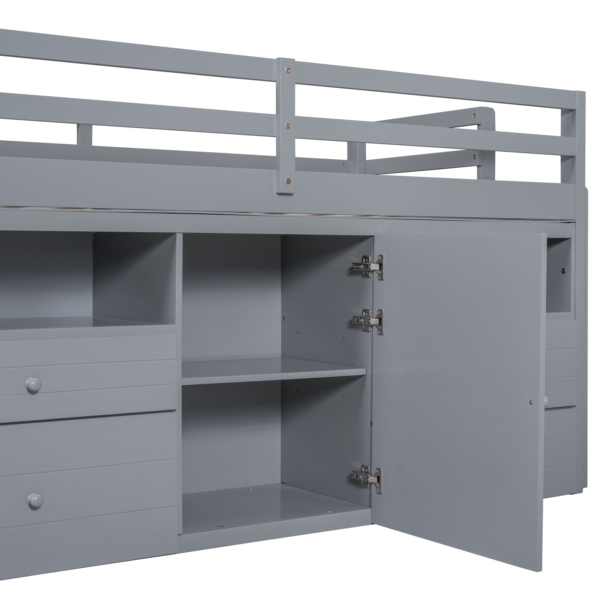 Twin Size Loft Bed with 4 Drawers, Underneath Cabinet and Shelves, Gray - Atlantic Fine Furniture Melbourne FL