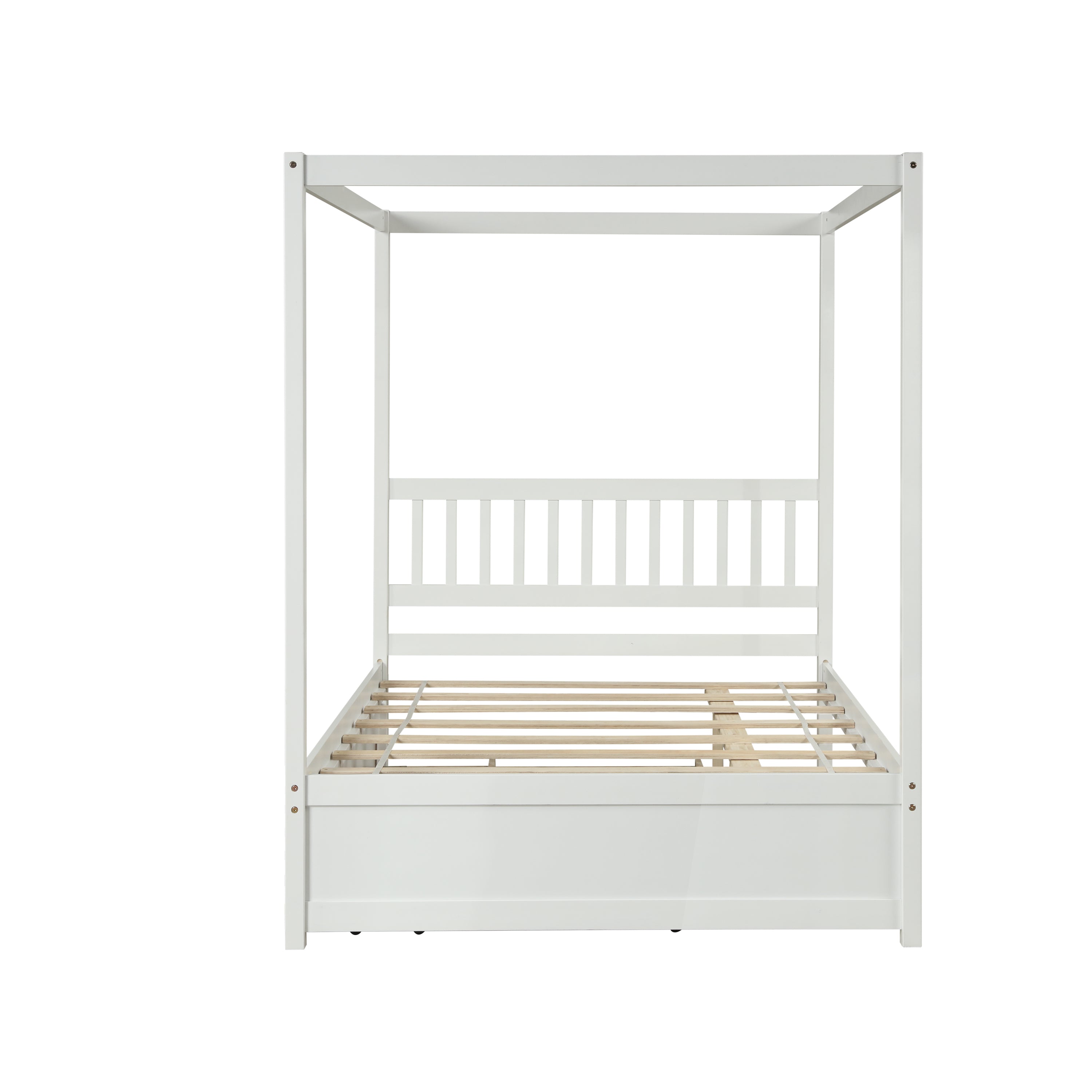 Full Size Canopy Bed with Twin Trundle, Kids Solid Wood Platform Bed Frame w/ Headboard, No Box Spring Needed White Color
