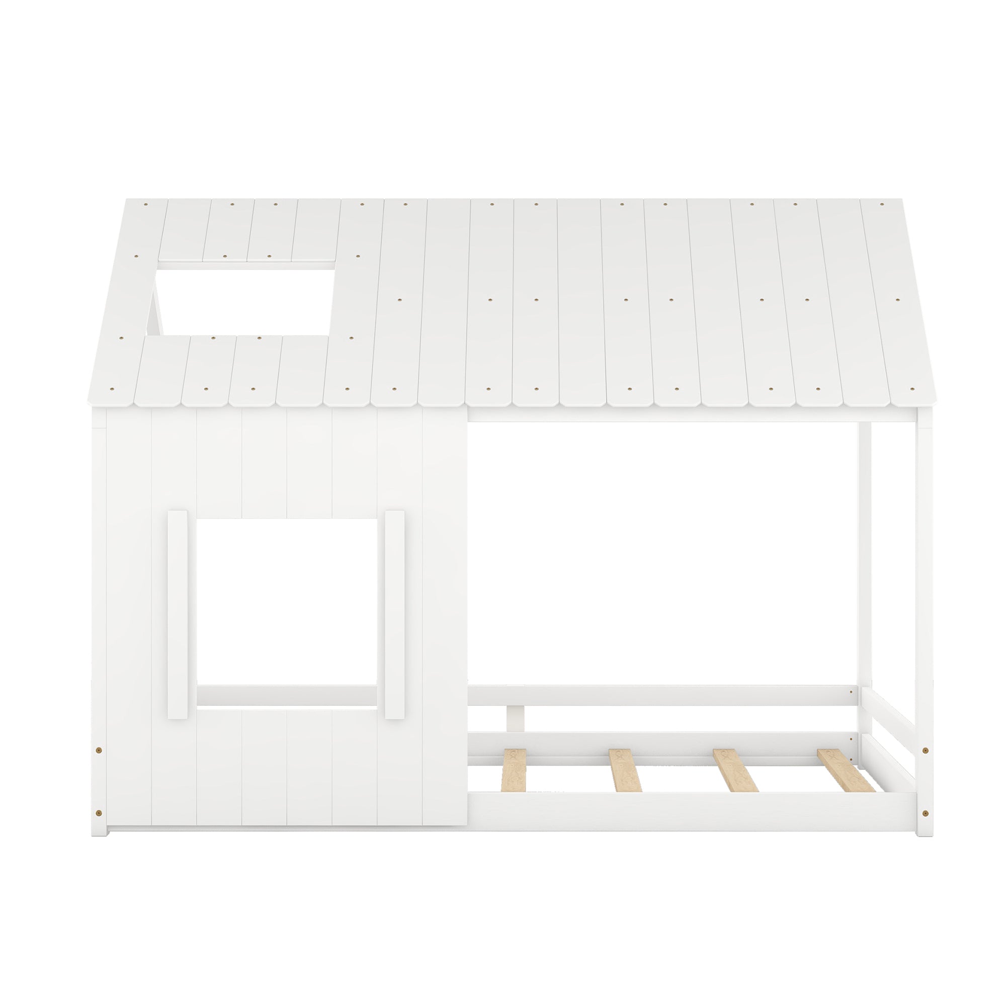 Full Size House Bed with Roof and Window - White