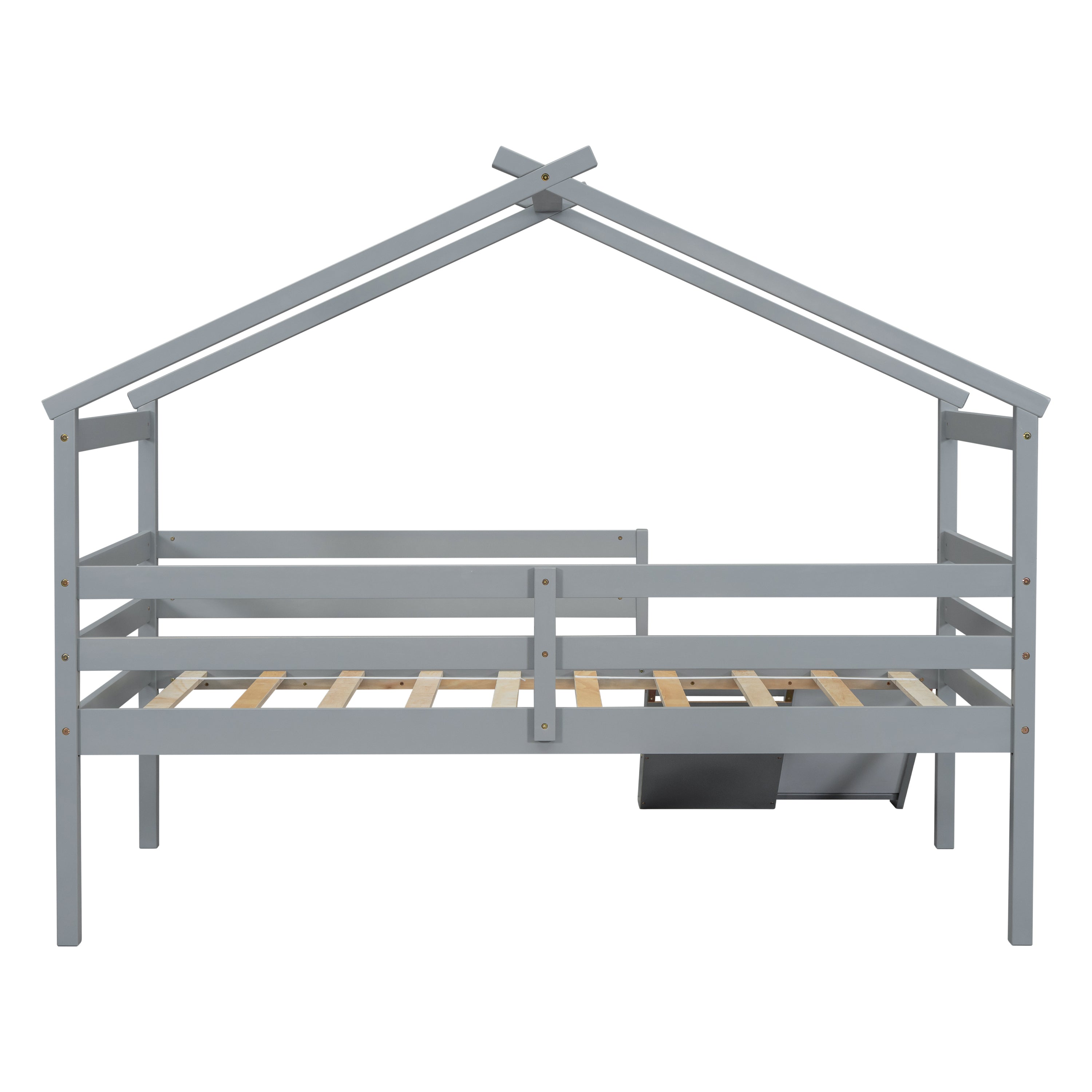 Twin Low Loft House Bed with Slide, Ladder, Safety Guardrails, House Roof Frame,Grey