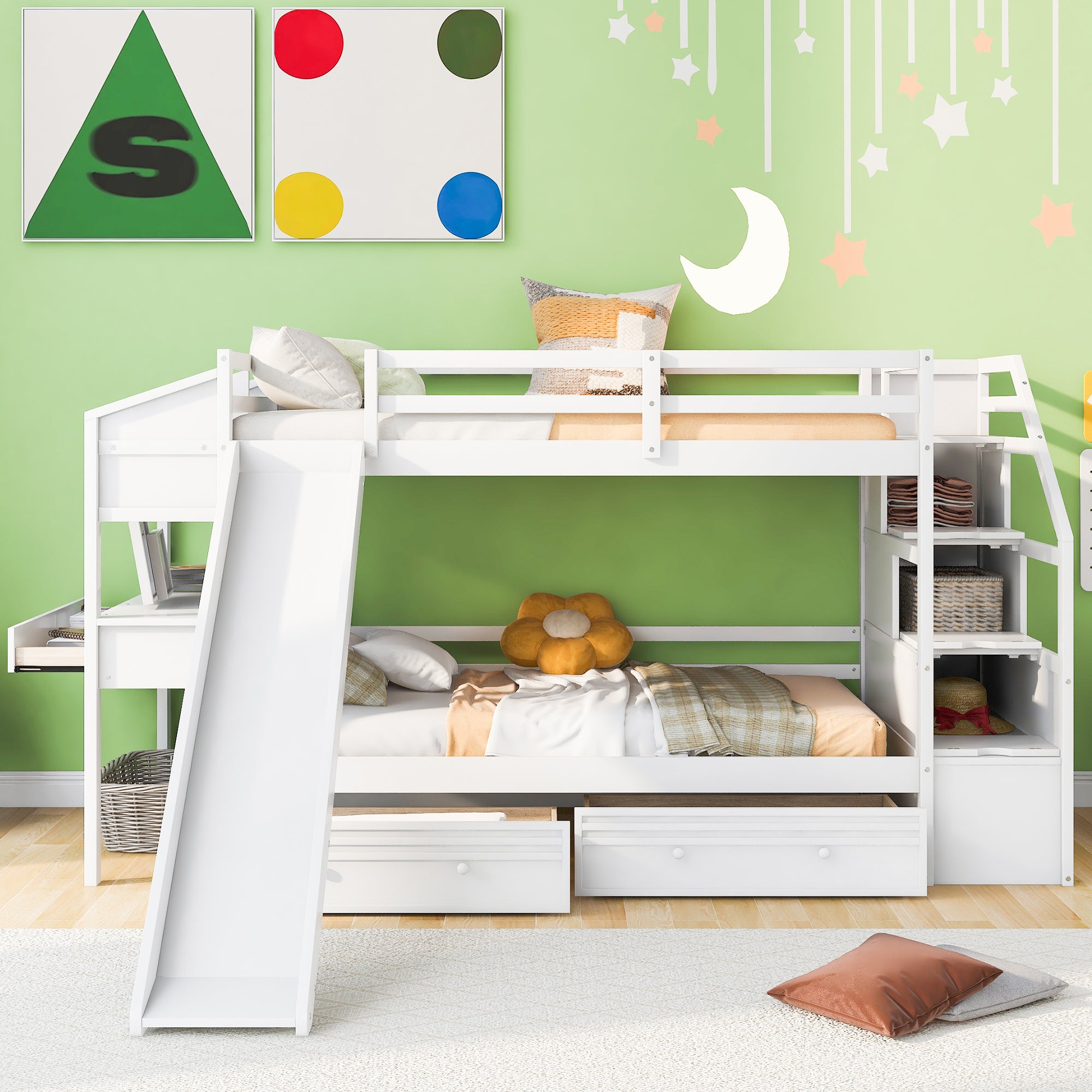 Twin over Twin Bunk Bed with Storage Staircase, Slide and Drawers, Desk with Drawers and Shelves, White - Atlantic Fine Furniture Melbourne FL