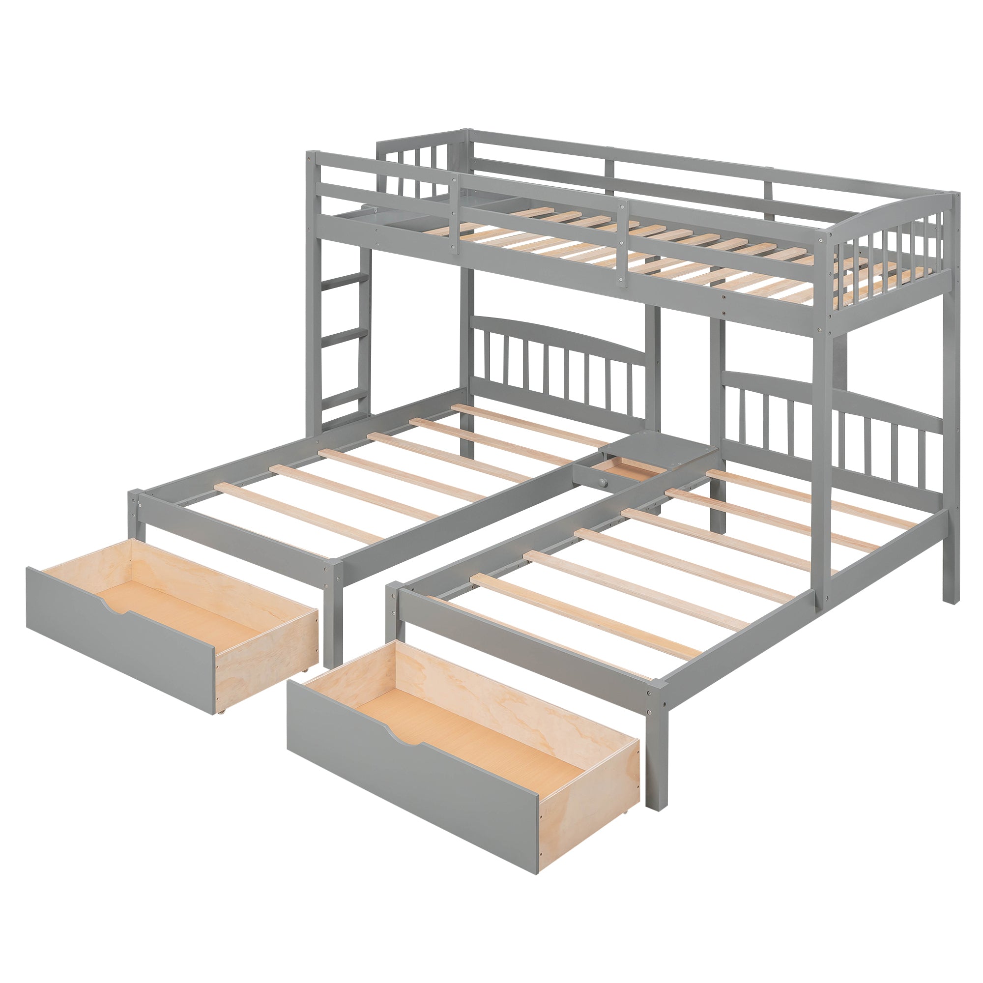 Twin over Twin & Twin Bunk Bed with Two Drawers and Built-in Middle Drawer, Gray - Atlantic Fine Furniture Melbourne FL