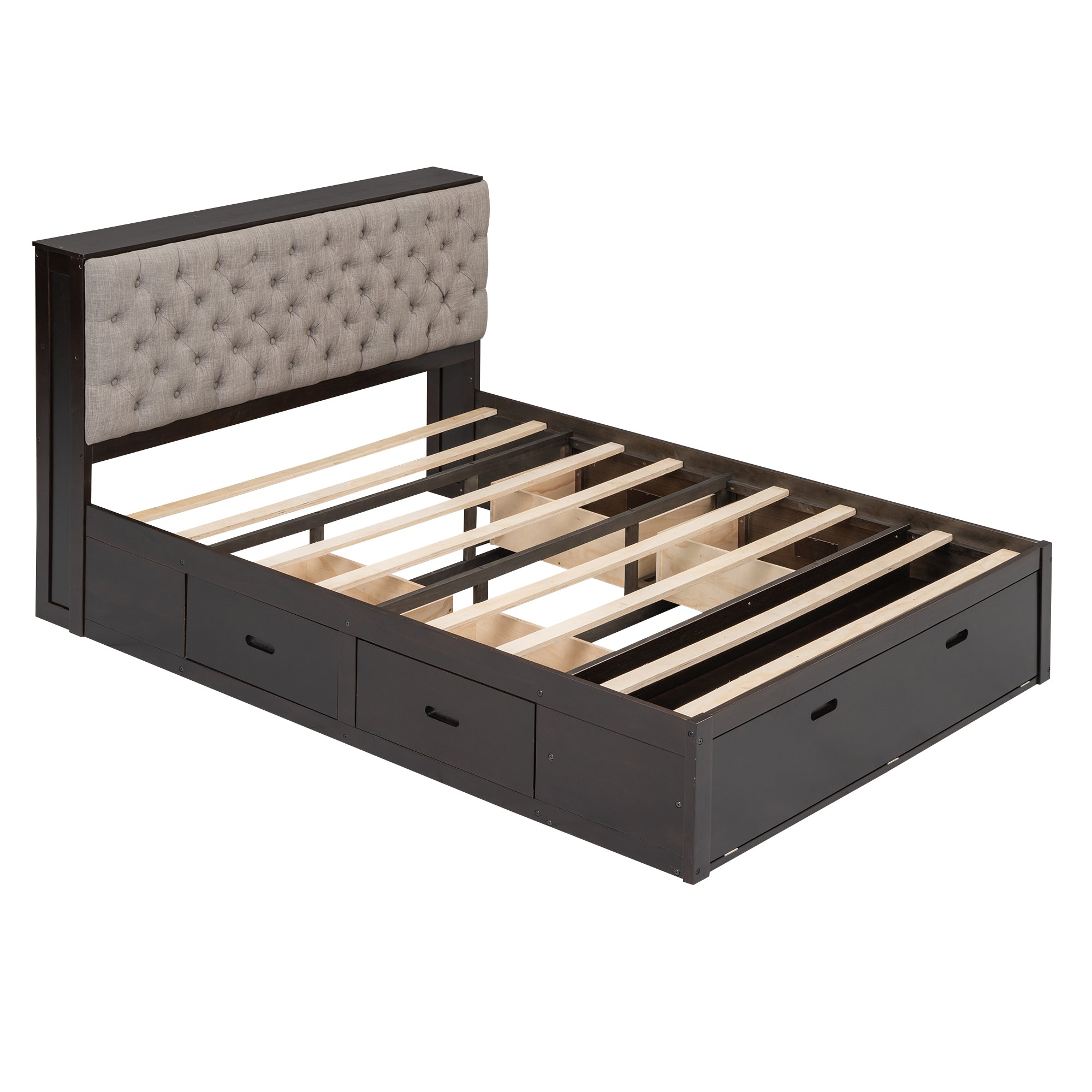 Wood Queen Size Platform Bed with Storage Headboard, shoe rack and 4 drawers,Espresso - Atlantic Fine Furniture Melbourne FL