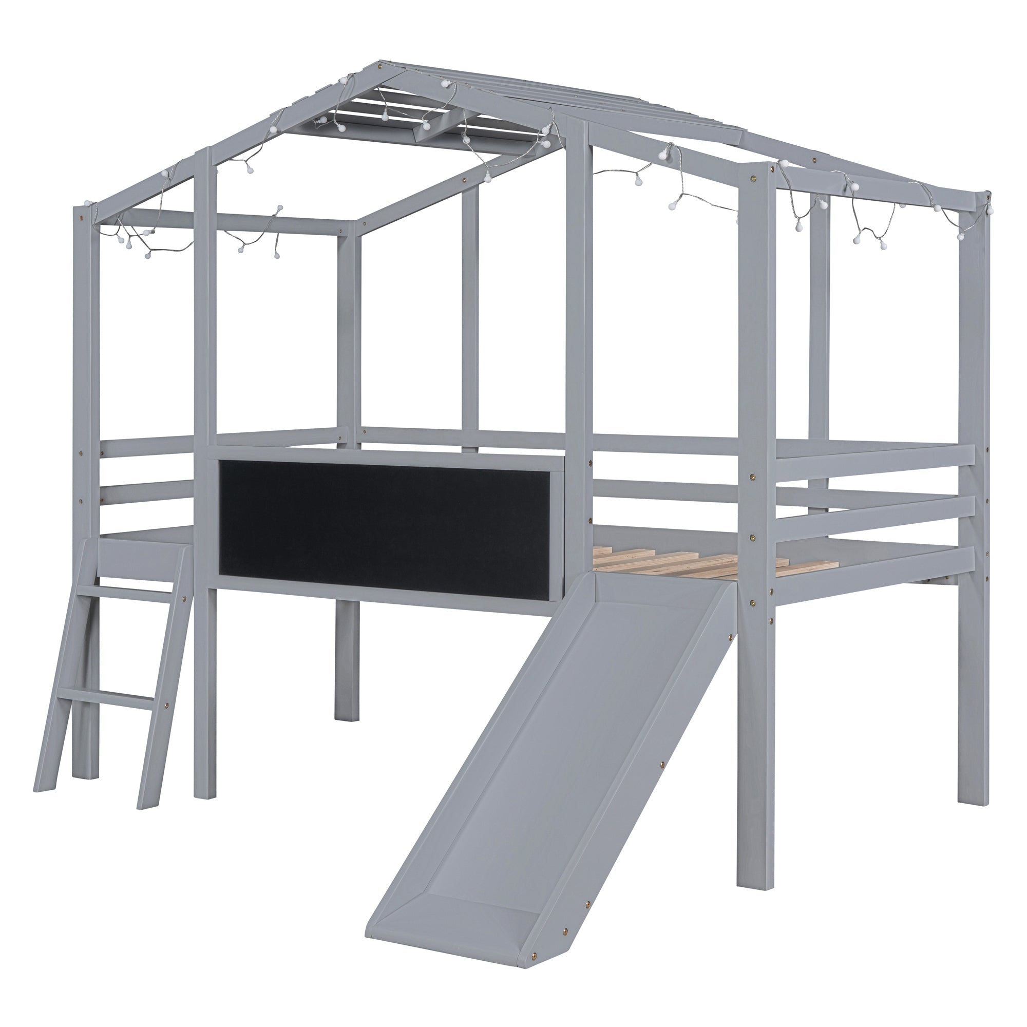 Twin Size Loft Bed with Ladder and Slide, House Bed with Blackboard and Light Strip on the Roof, Gray - Atlantic Fine Furniture Melbourne FL