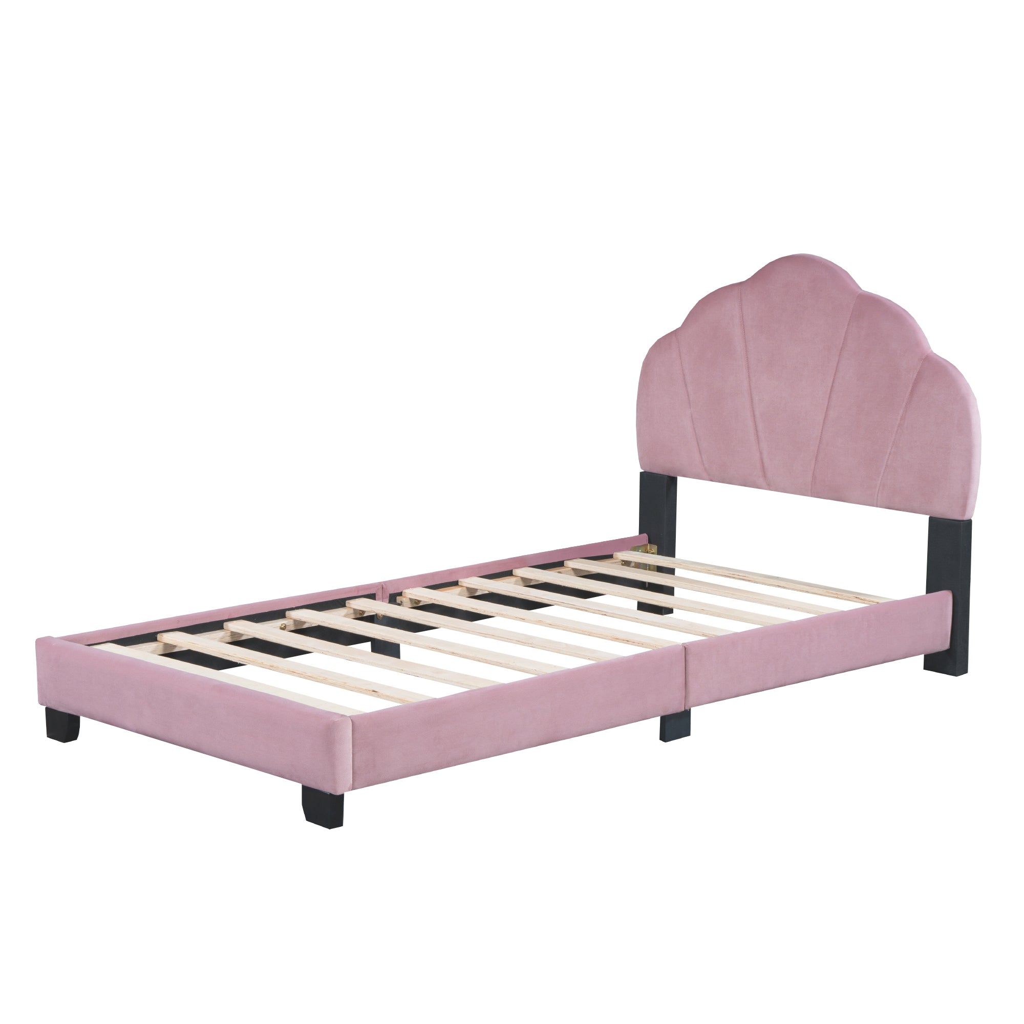 Twin Size Upholstered Velvet Platform Bed with Shell-Shaped Headboard, Pink - Atlantic Fine Furniture Melbourne FL