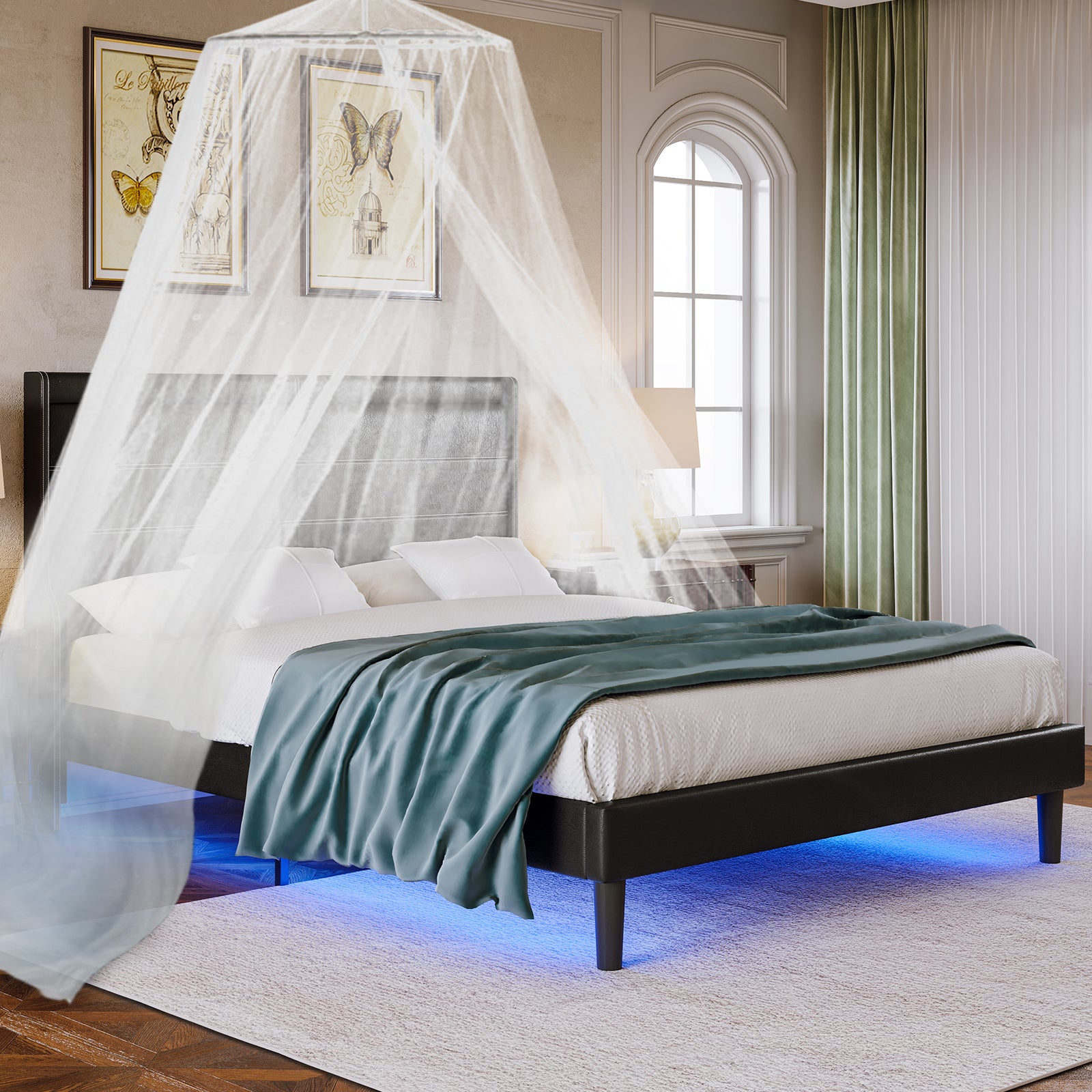 Stylish Queen Size PU Leather Upholstered Bed Frame Platform Bed with Lights Stitched Wing-backed Headboard Strong Wooden Slats Bed Canopy No Box Spring Needed Black - Atlantic Fine Furniture Melbourne FL