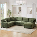 Upholstered U-Shaped Sectional Sofa With Movable Ottoman And Side Storage Pockets