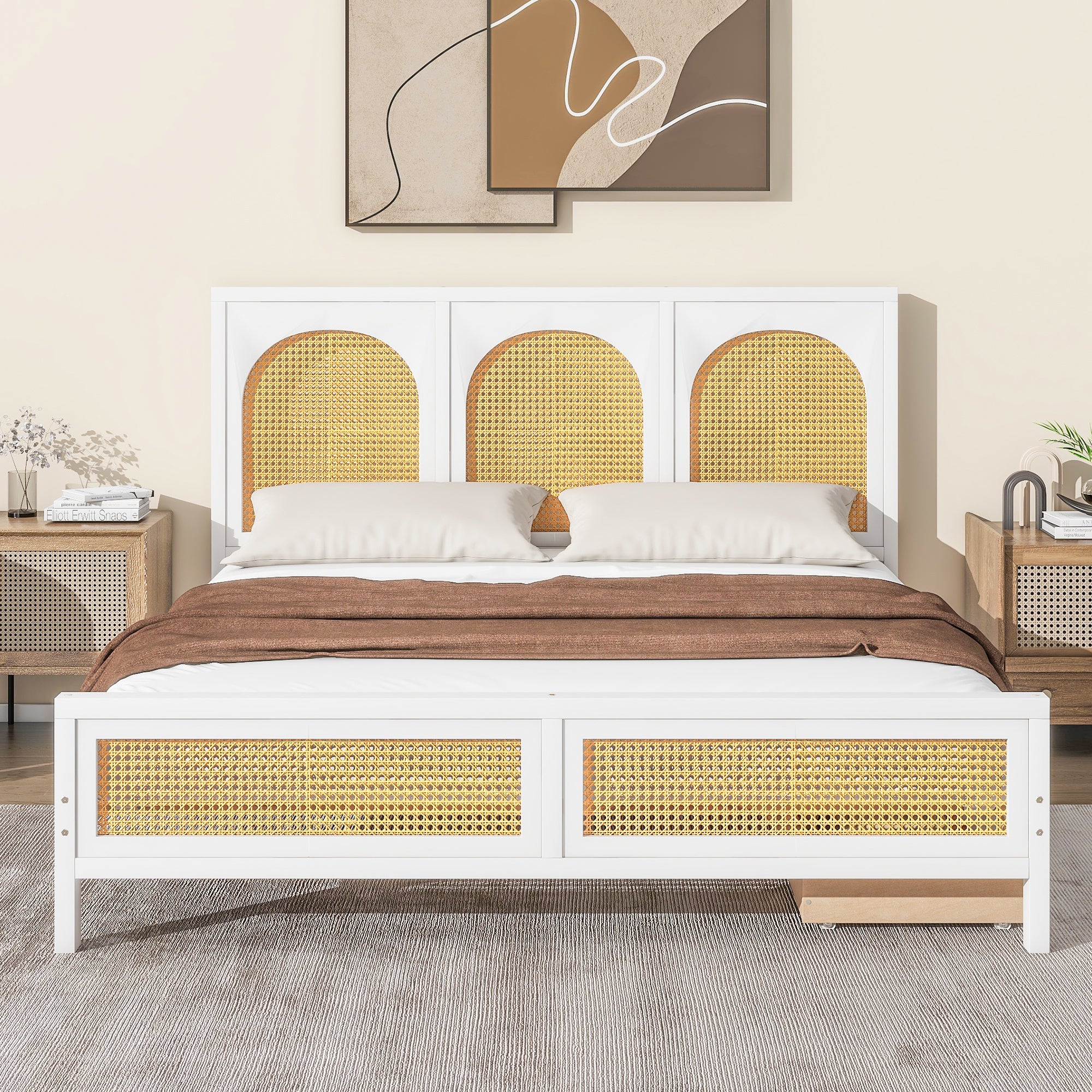 Queen Size Wood Storage Platform Bed with 2 Drawers, Rattan Headboard and Footboard, White - Atlantic Fine Furniture Melbourne FL