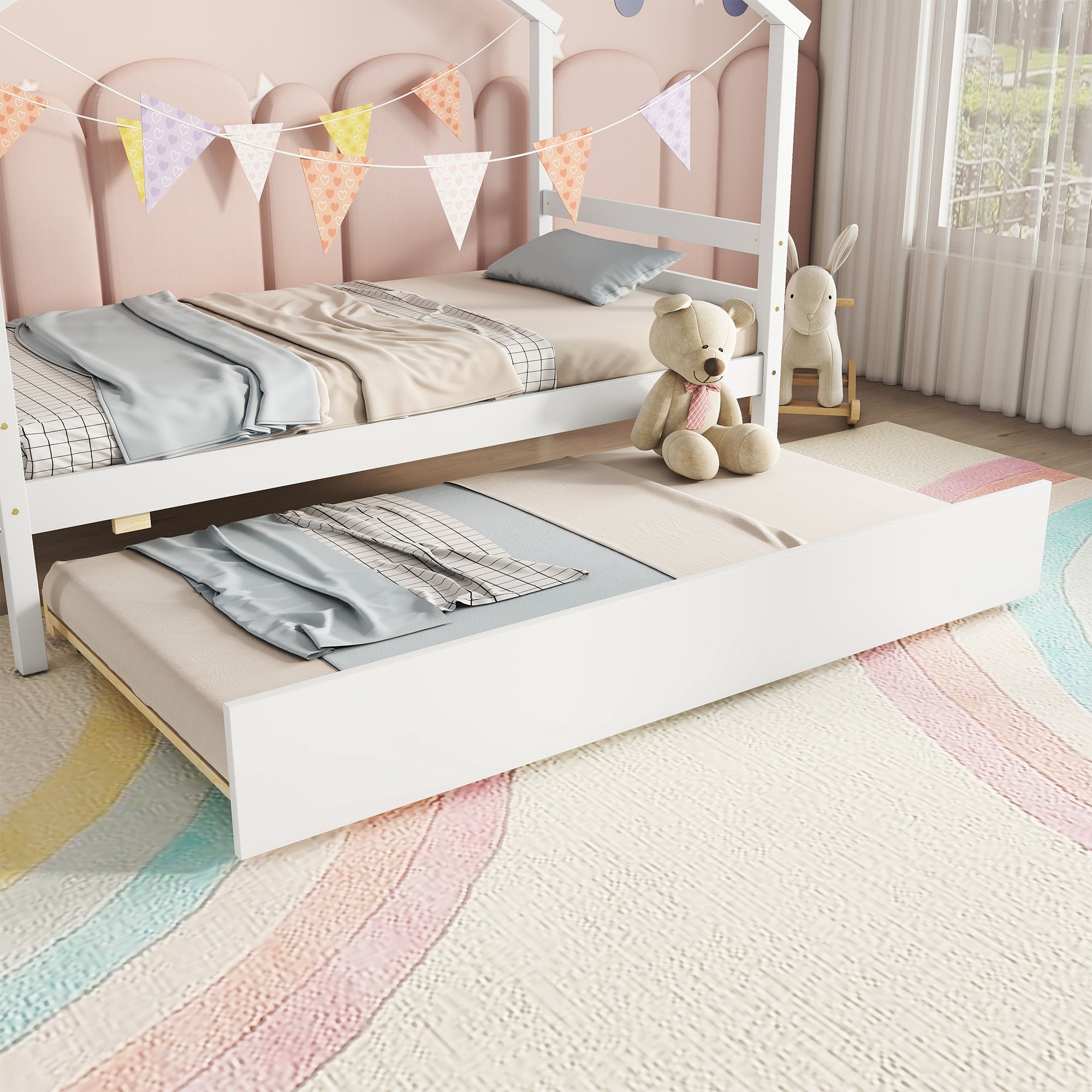 Twin Size House-shaped Bed with Trundle,White