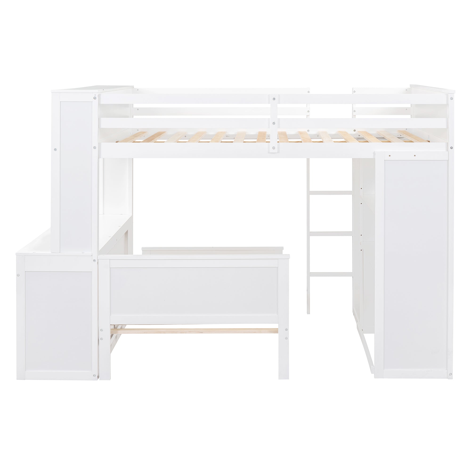 Full size Loft Bed with a twin size Stand-alone bed, Shelves,Desk,and Wardrobe-White