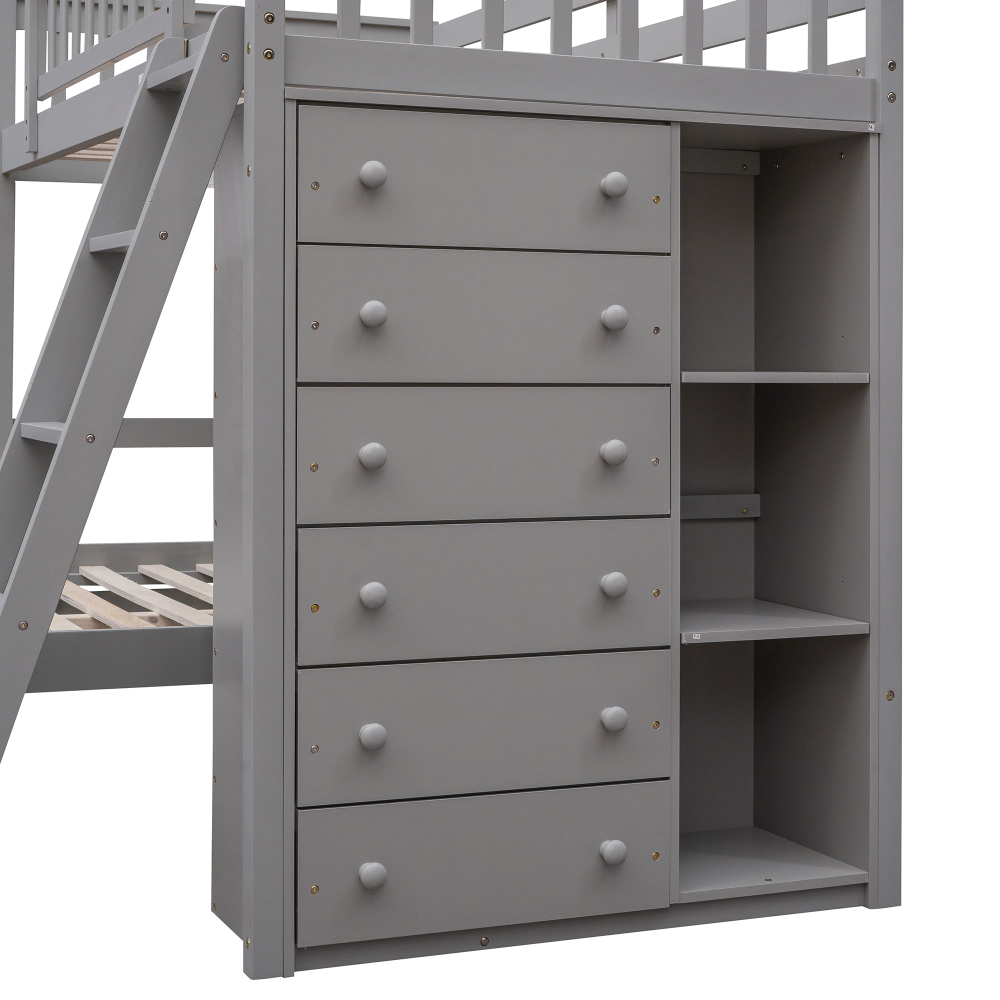 Wooden Twin Over Full Bunk Bed With Six Drawers And Flexible Shelves,Bottom Bed With Wheels,Gray(OLD SKU:LP000531AAE) - Atlantic Fine Furniture Melbourne FL