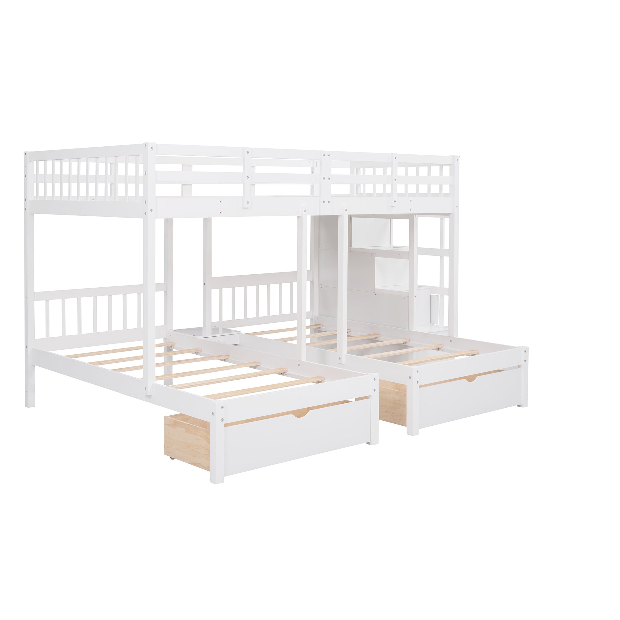 Full Over Twin & Twin Bunk Bed, Wood Triple Bunk Bed with Drawers and Guardrails (White) - Atlantic Fine Furniture Melbourne FL
