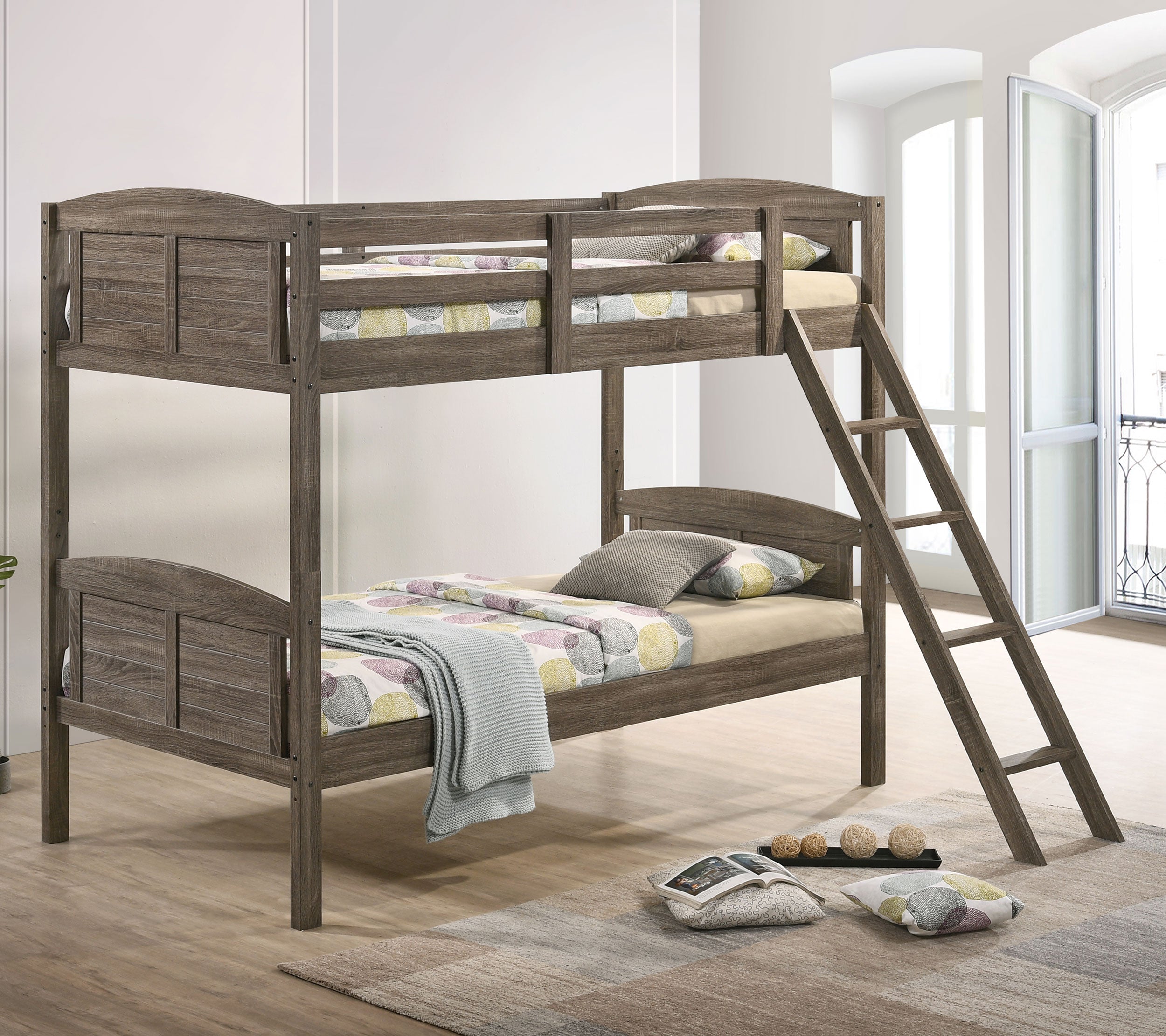 Flynn Wood Twin Over Twin Bunk Bed Weathered Brown — view 2