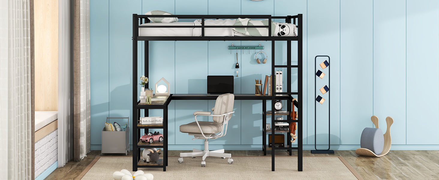 Full Metal Loft Bed with Desk and Shelves, Loft Bed with Ladder and Guardrails, Loft Bed Frame for Bedroom, Black (Old SKU: W1307S00016) (Pre-sale date: 2024/3/7.)