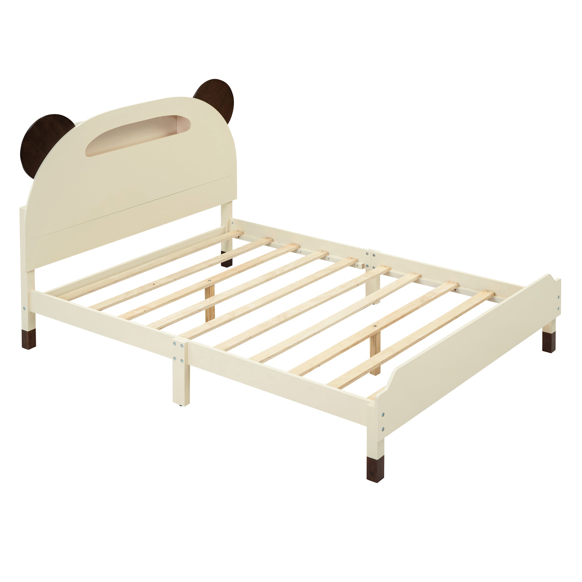 Full Size Wood Platform Bed with Bear-shaped Headboard,Bed with Motion Activated Night Lights,Cream+Walnut - Atlantic Fine Furniture Melbourne FL