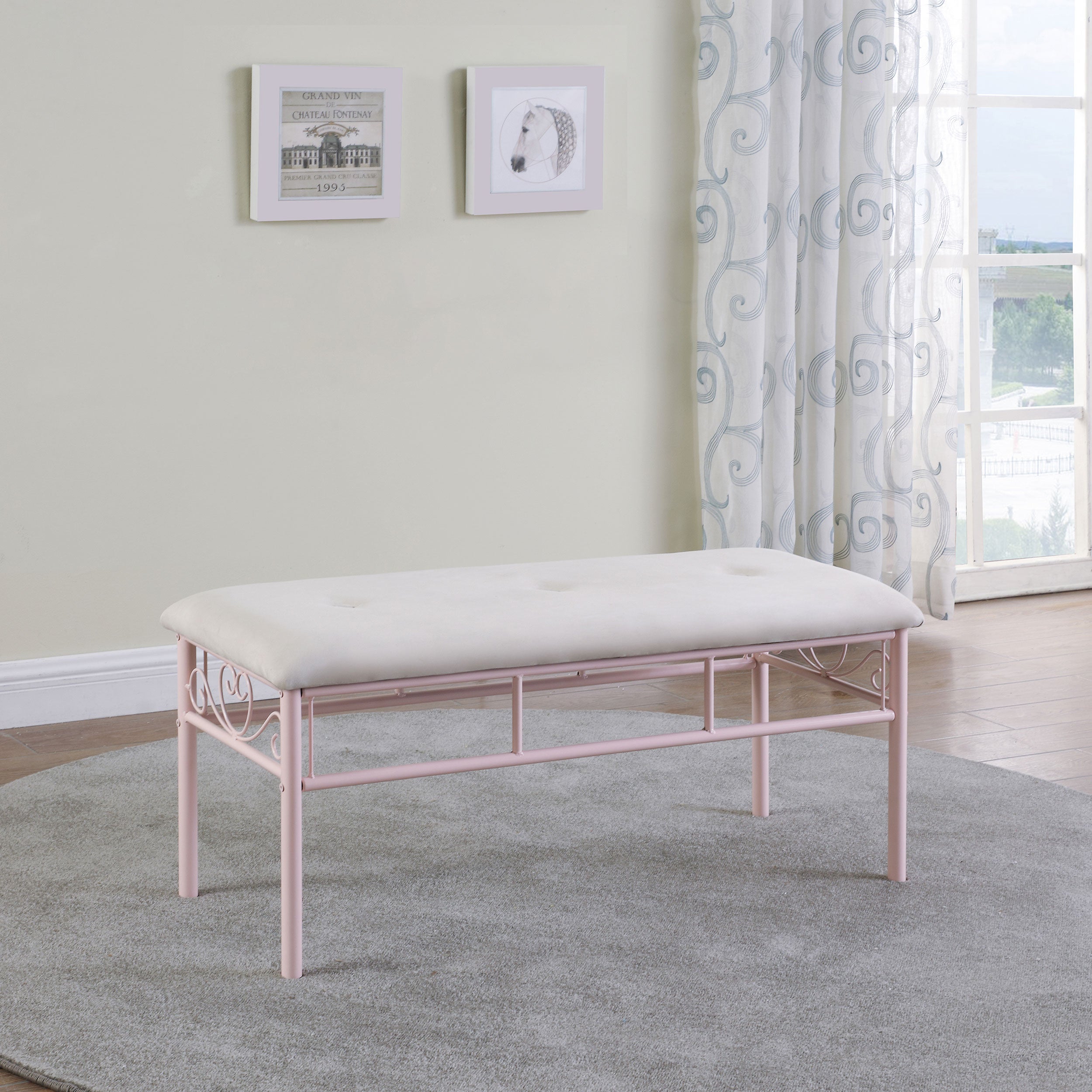 Massi Fabric Upholstered Bench White and Powder Pink — view 2
