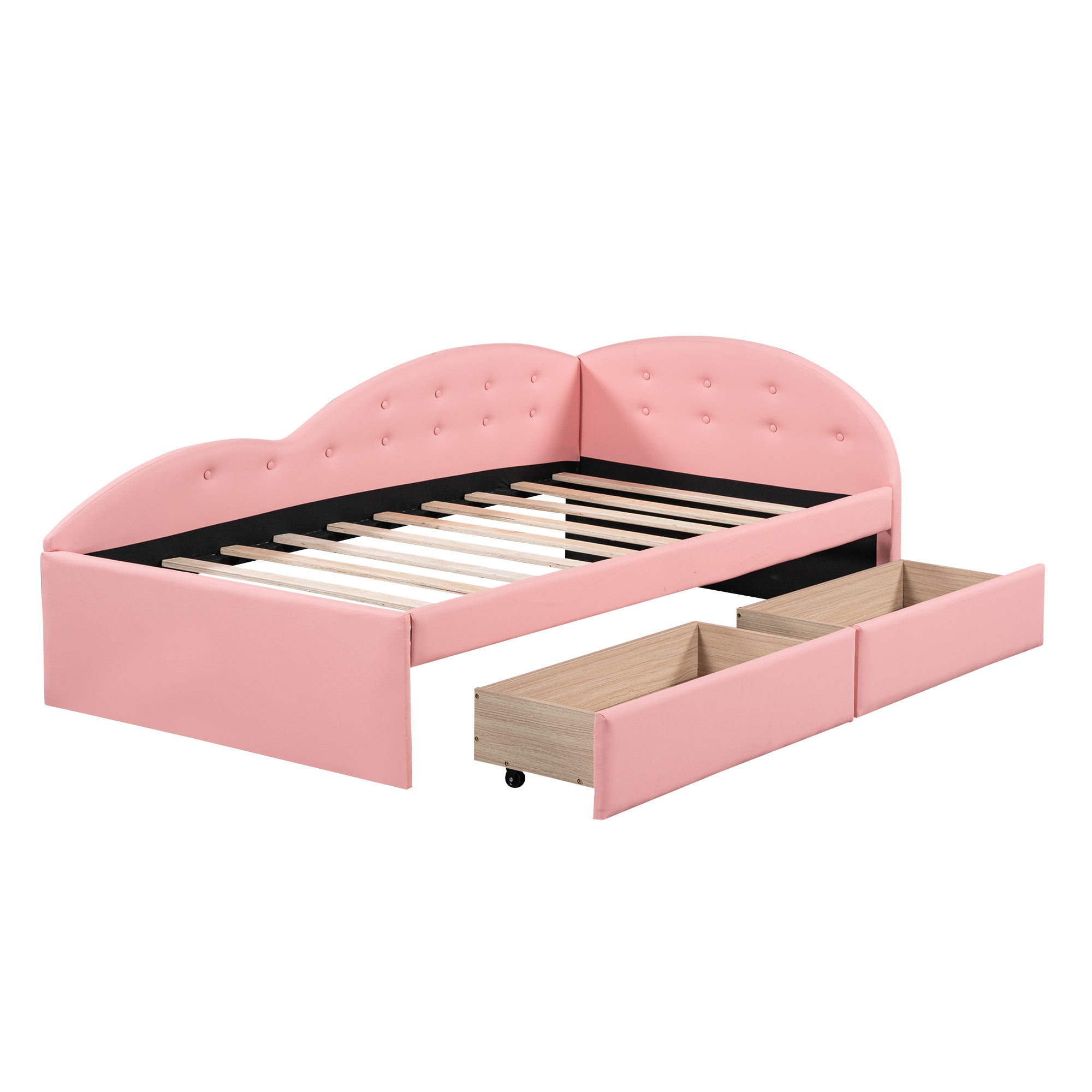 Twin Size PU Upholstered Tufted Daybed with Two Drawers and Cloud Shaped Guardrail, Pink - Atlantic Fine Furniture Melbourne FL