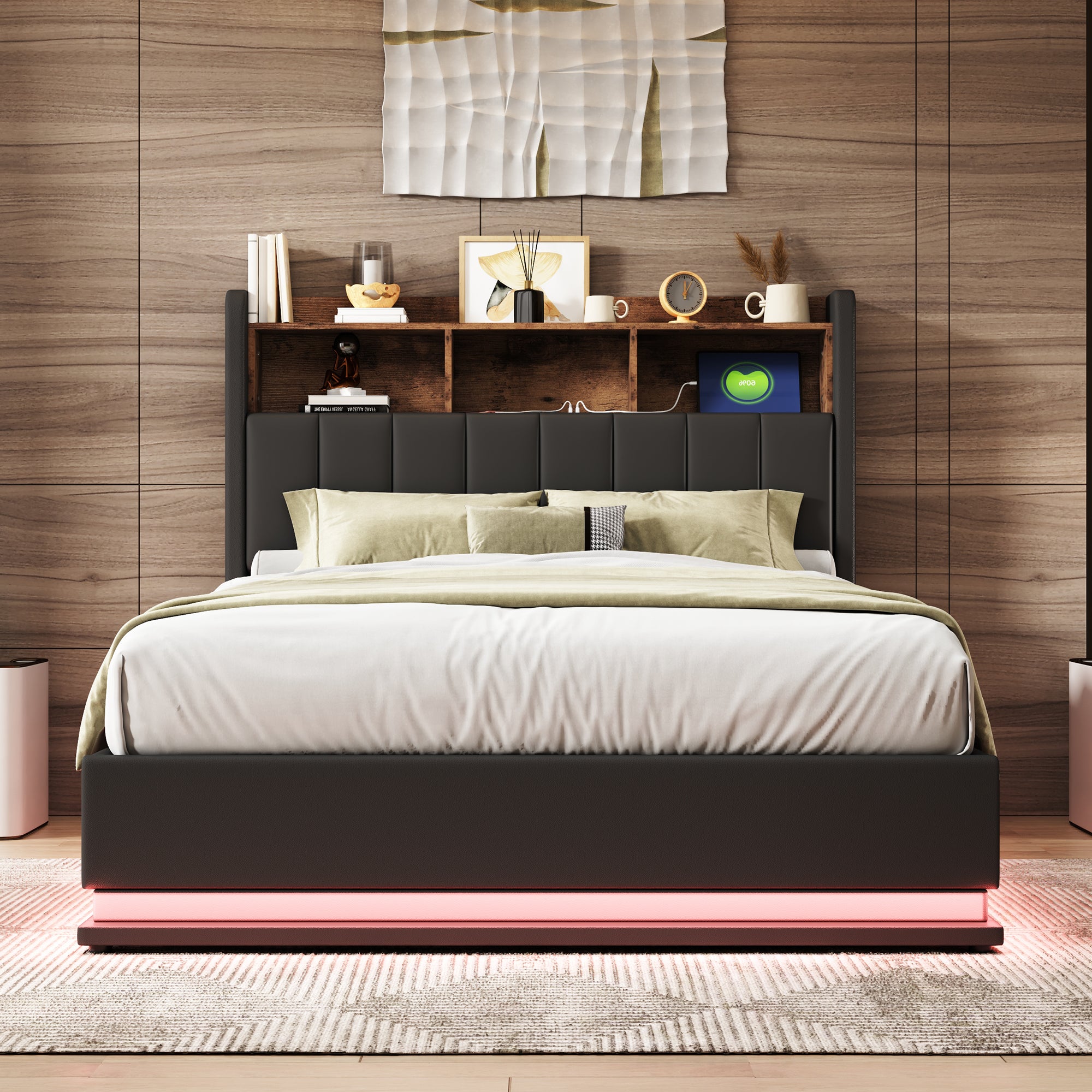 Full Size Upholstered Platform Bed with Storage Headboard and Hydraulic Storage System, PU Storage Bed with LED Lights and USB charger, Black - Atlantic Fine Furniture Melbourne FL