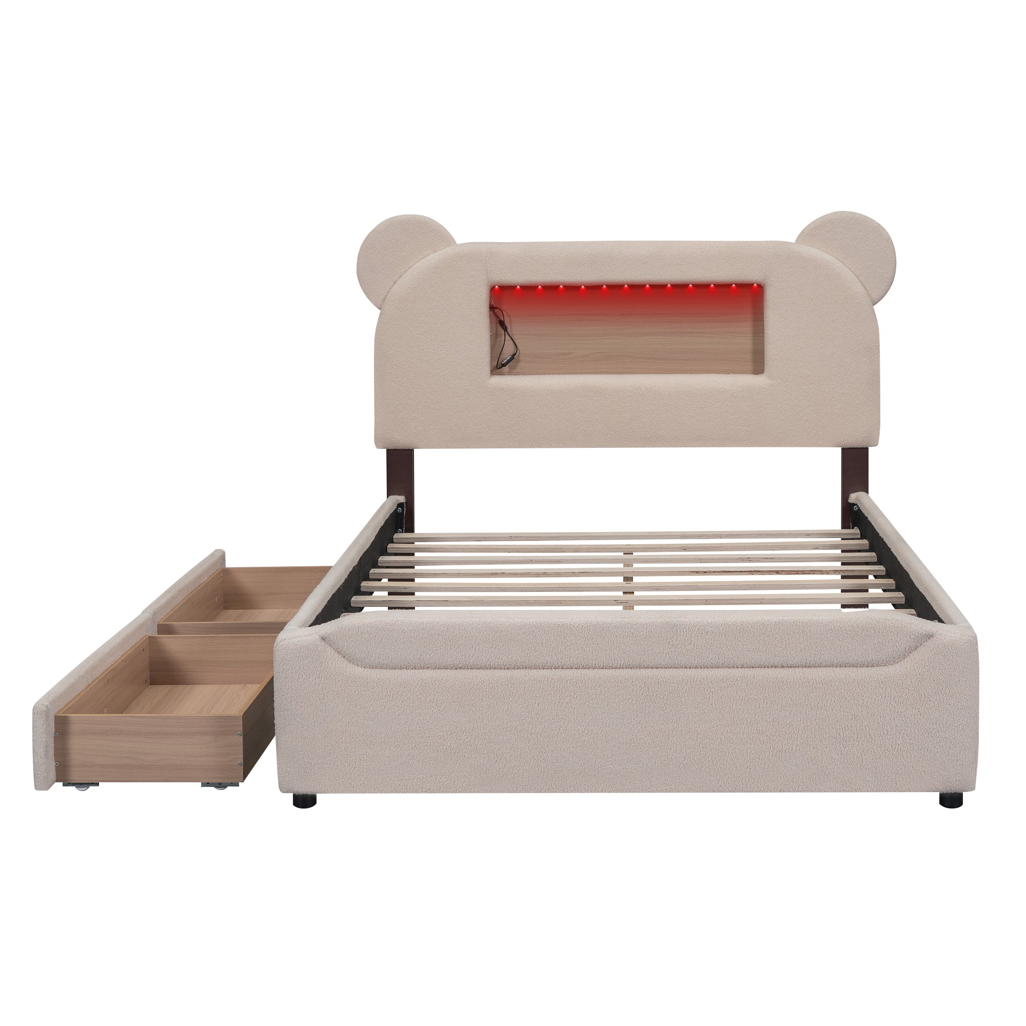 Full Size Upholstered Storage Platform Bed with Cartoon Ears Shaped Headboard, LED and USB, Beige - Atlantic Fine Furniture Melbourne FL