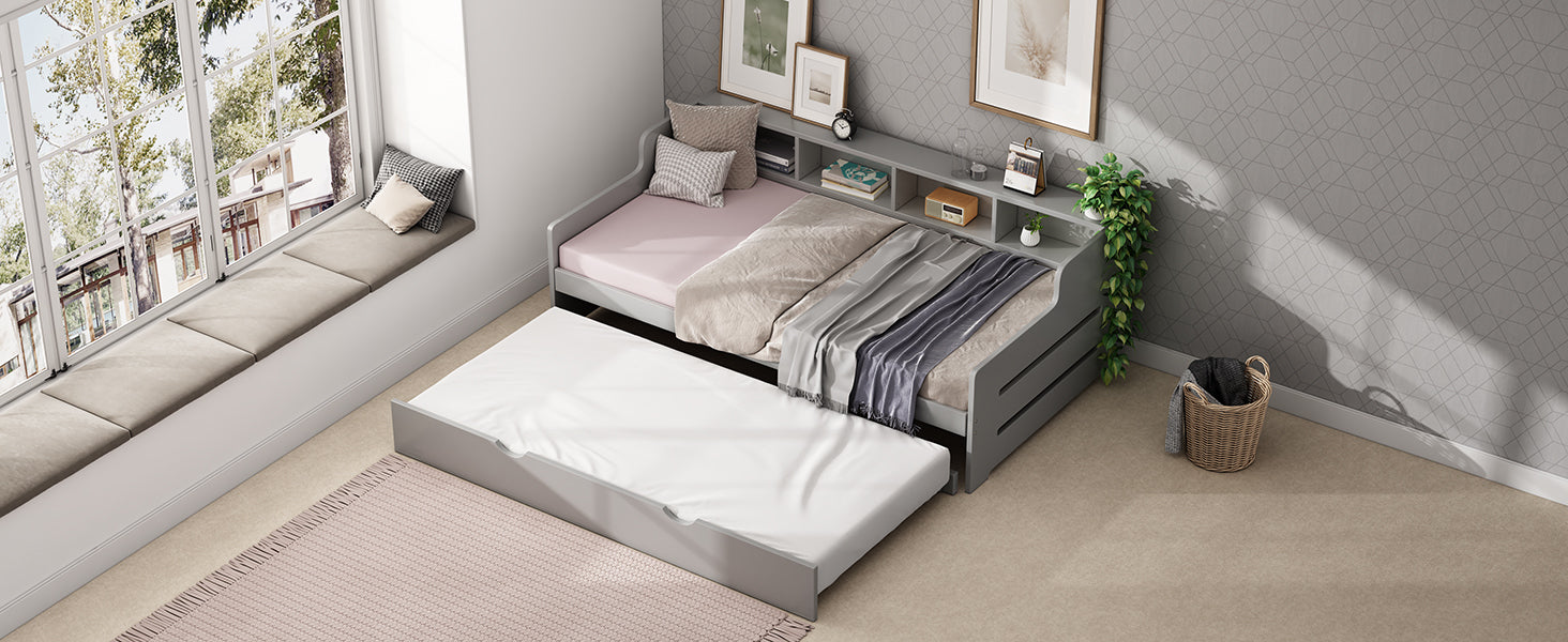 Twin Size Wooden Day Bed with Trundle for Guest Room, Small Bedroom, Study Room, Gray - Atlantic Fine Furniture Melbourne FL