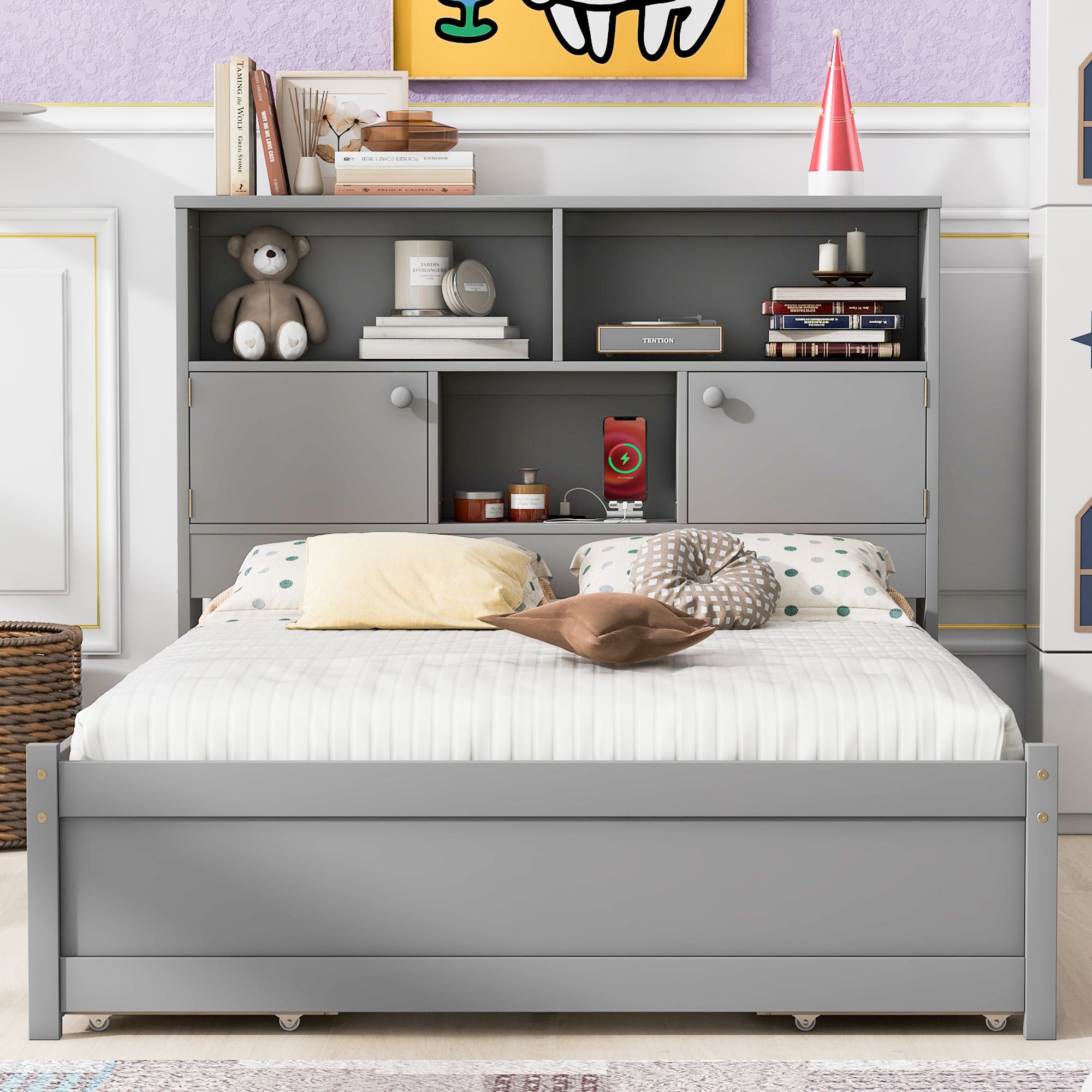 Full Size Platform Bed with Storage Headboard, Charging Station and 4 Drawers, Gray - Atlantic Fine Furniture Melbourne FL