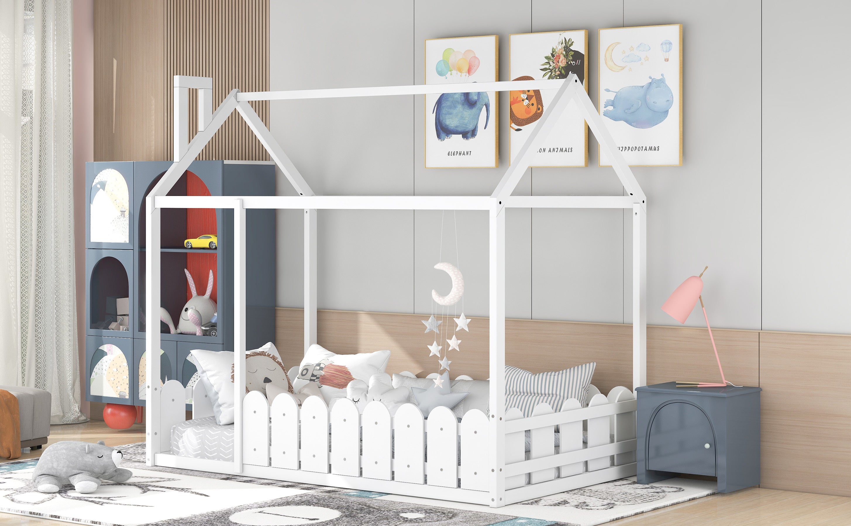 {Slats are not included}Twin Size Wood Bed House Bed Frame with Fence,for Kids,Teens, Girls,Boys {White}{OLD SKU:WF194274AAK}